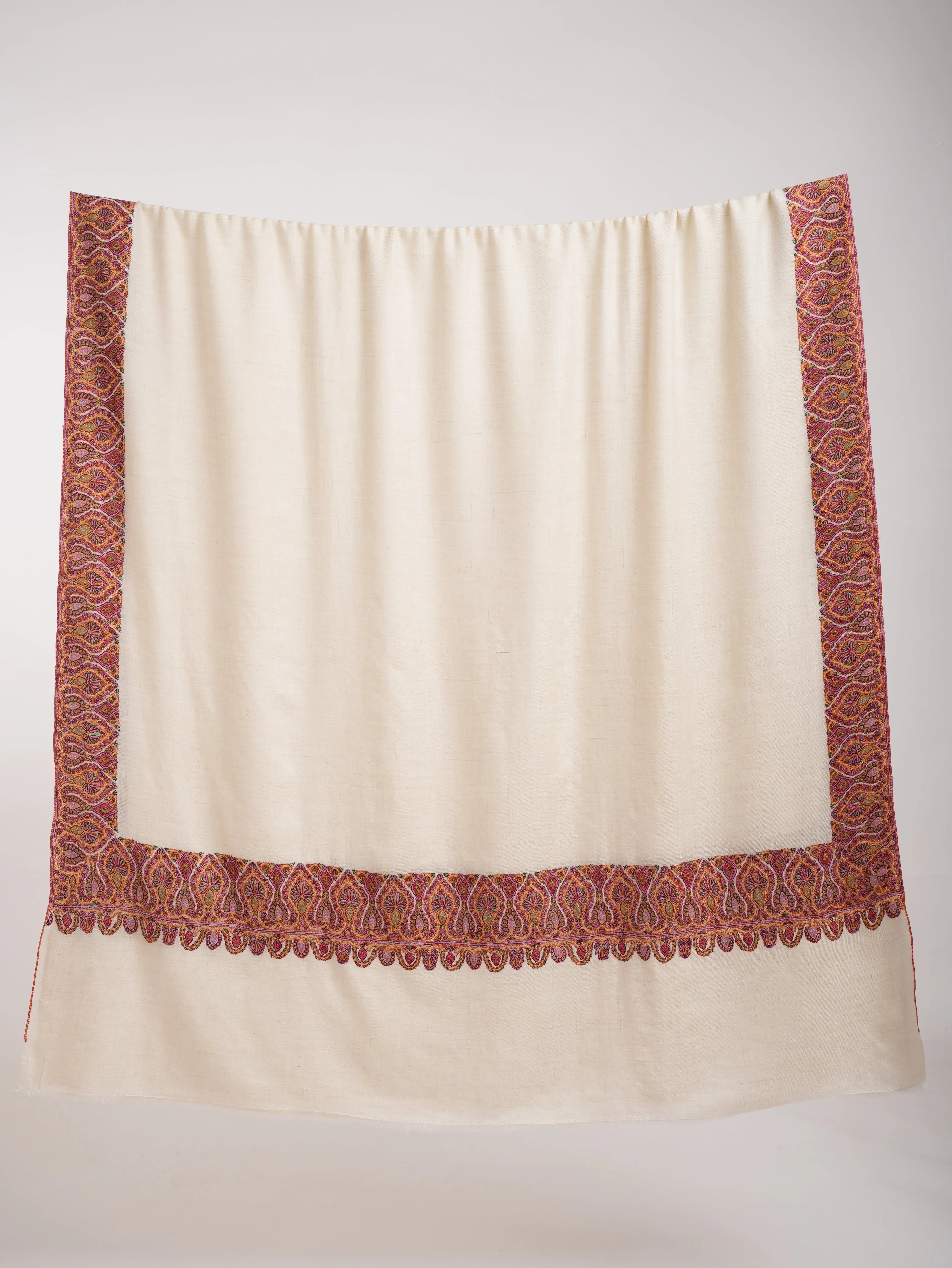 Ivory Artistic Daurdar Embroidered Pashmina Shawl Shahkaar
