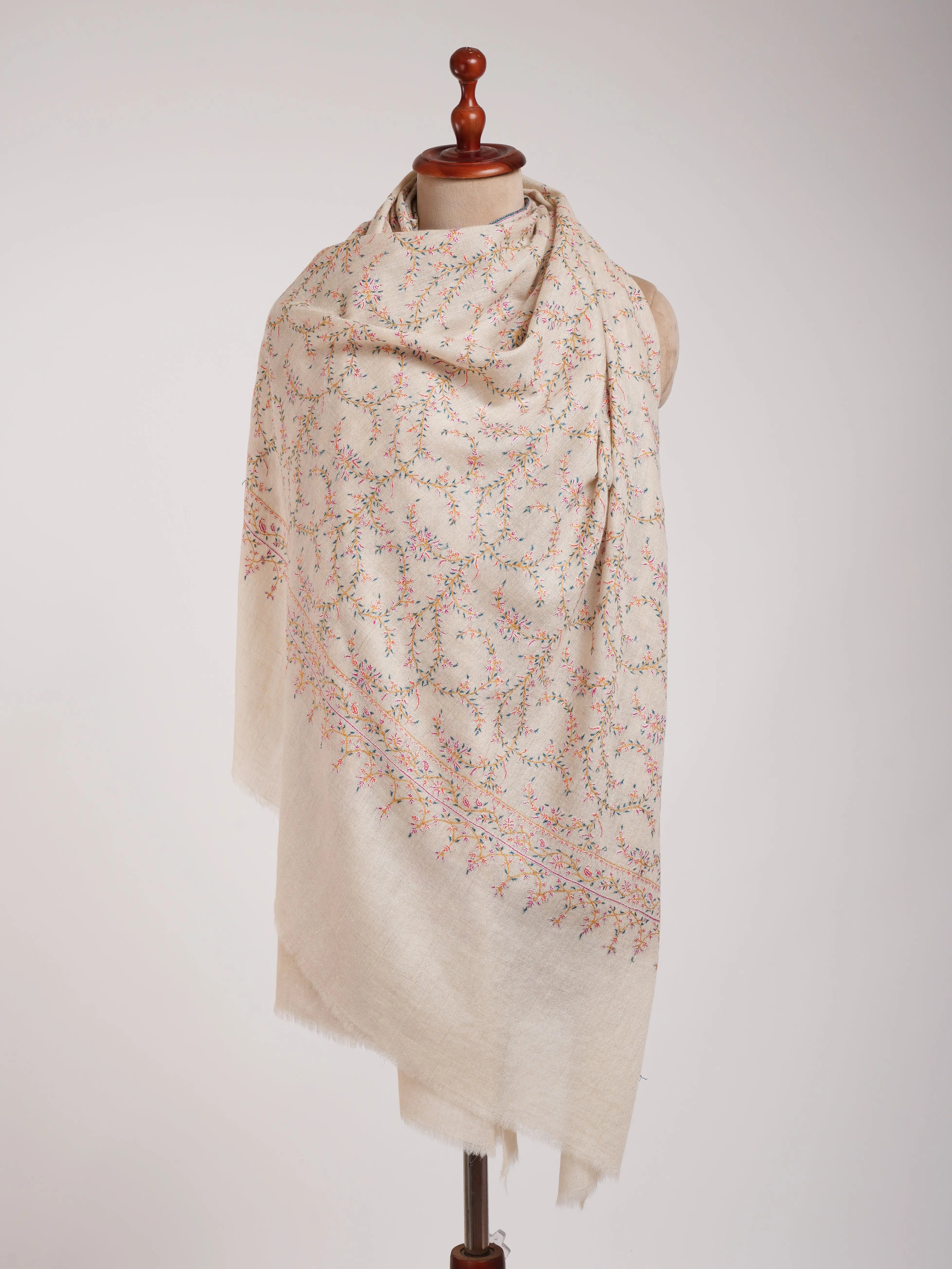 Ivory Authentic Pashmina Shawl with Sozni Embroidery Shahkaar