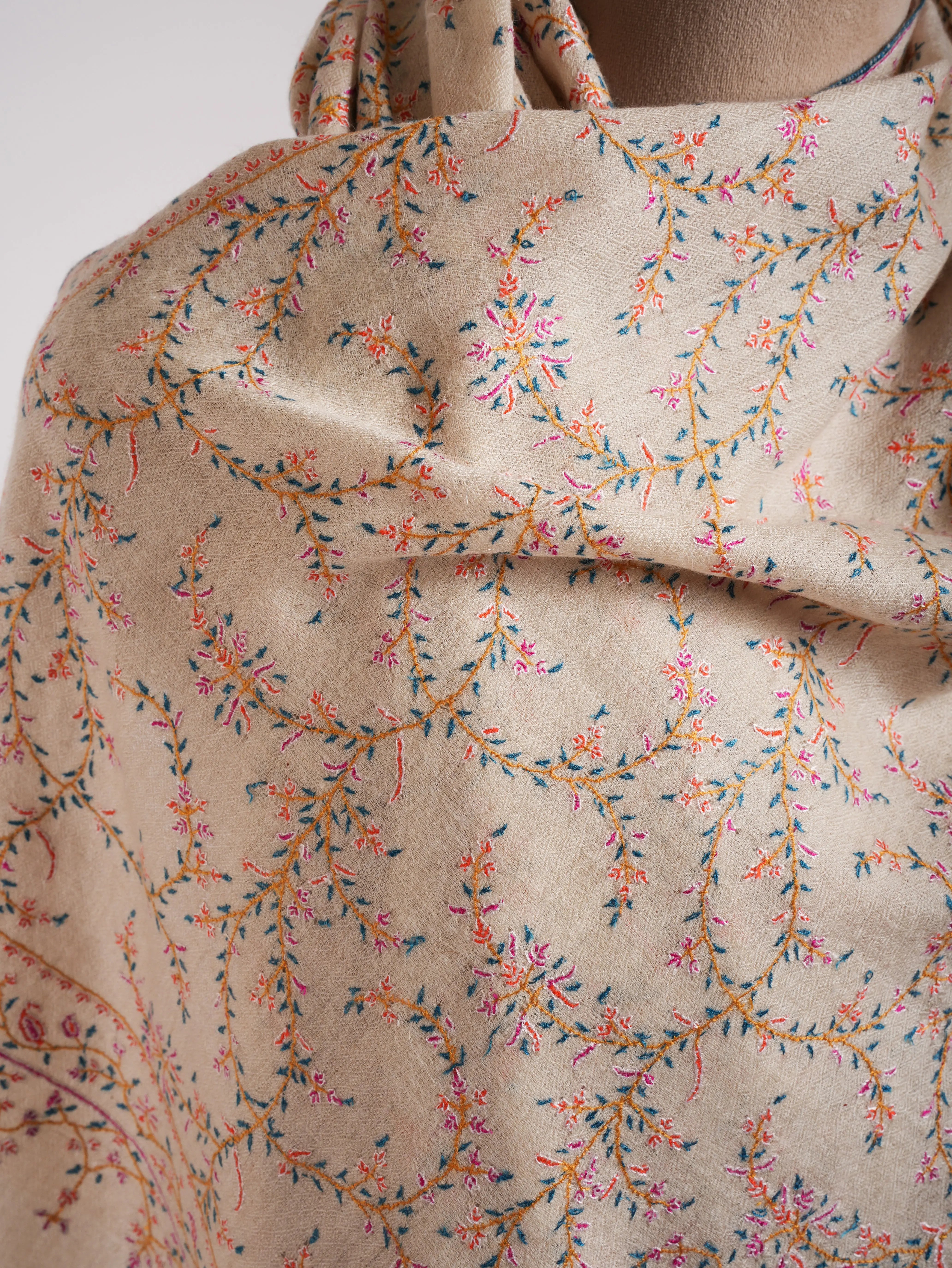Ivory Authentic Pashmina Shawl with Sozni Embroidery Shahkaar
