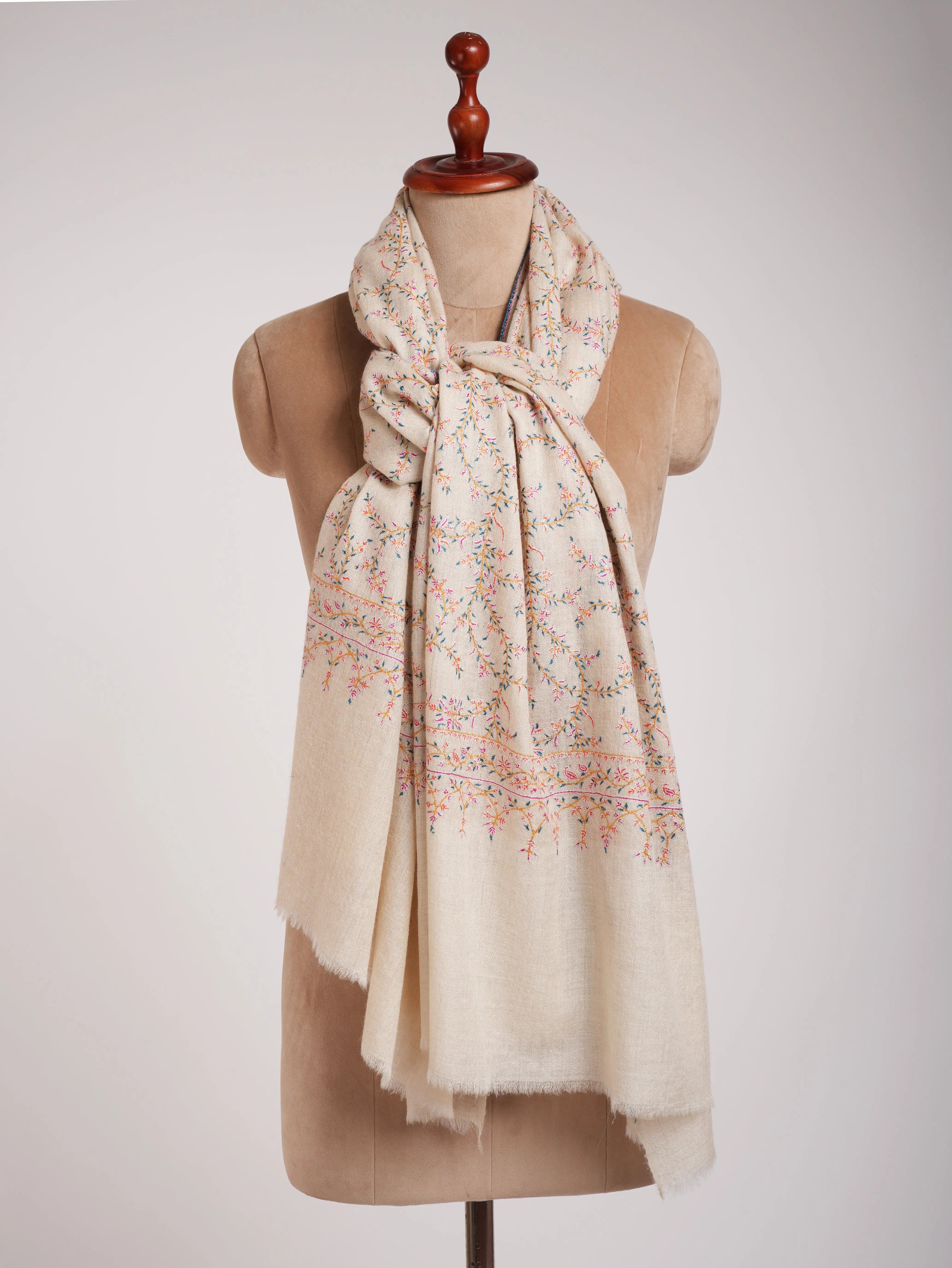 Ivory Authentic Pashmina Shawl with Sozni Embroidery Shahkaar