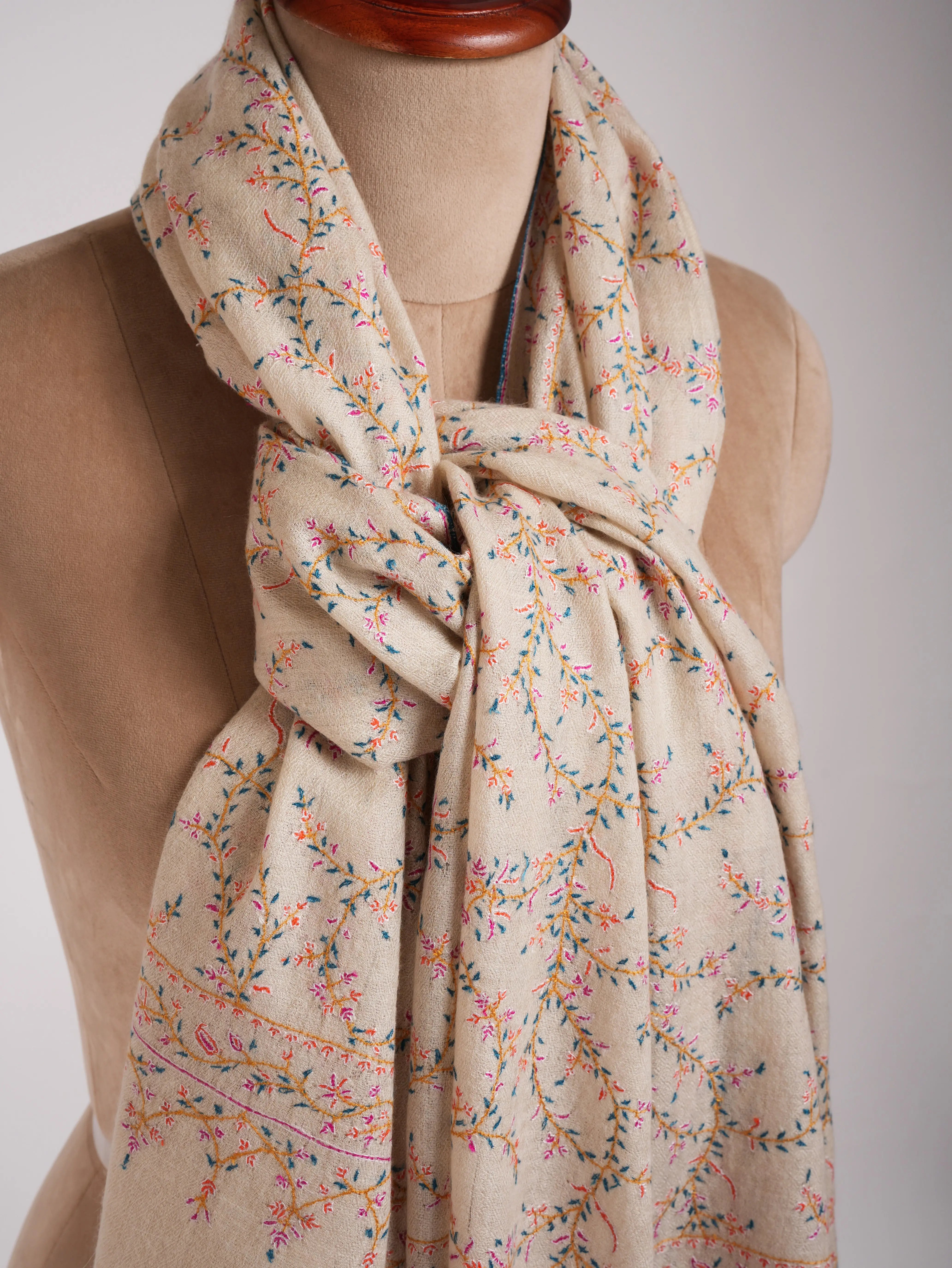 Ivory Authentic Pashmina Shawl with Sozni Embroidery Shahkaar