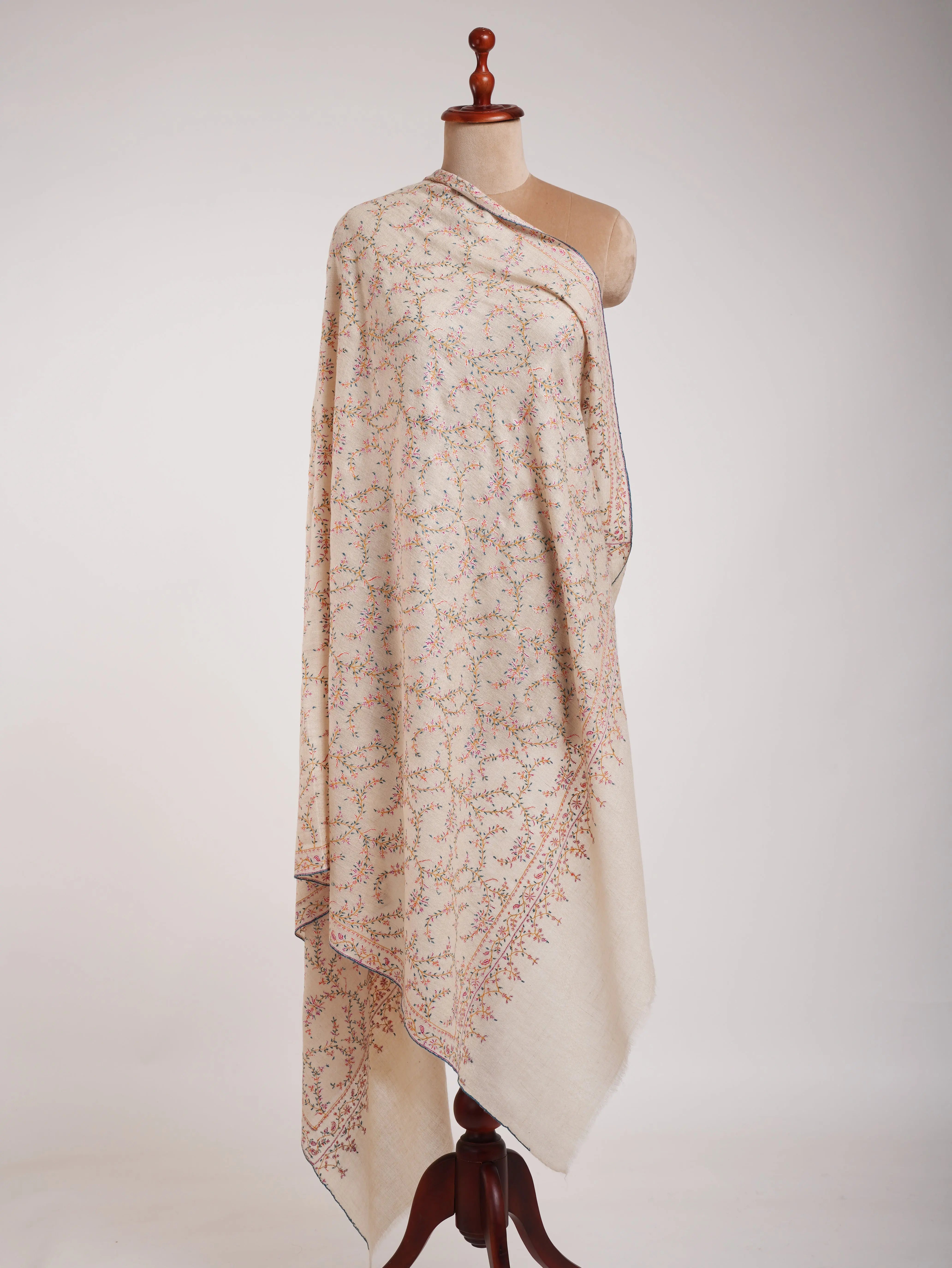 Ivory Authentic Pashmina Shawl with Sozni Embroidery Shahkaar