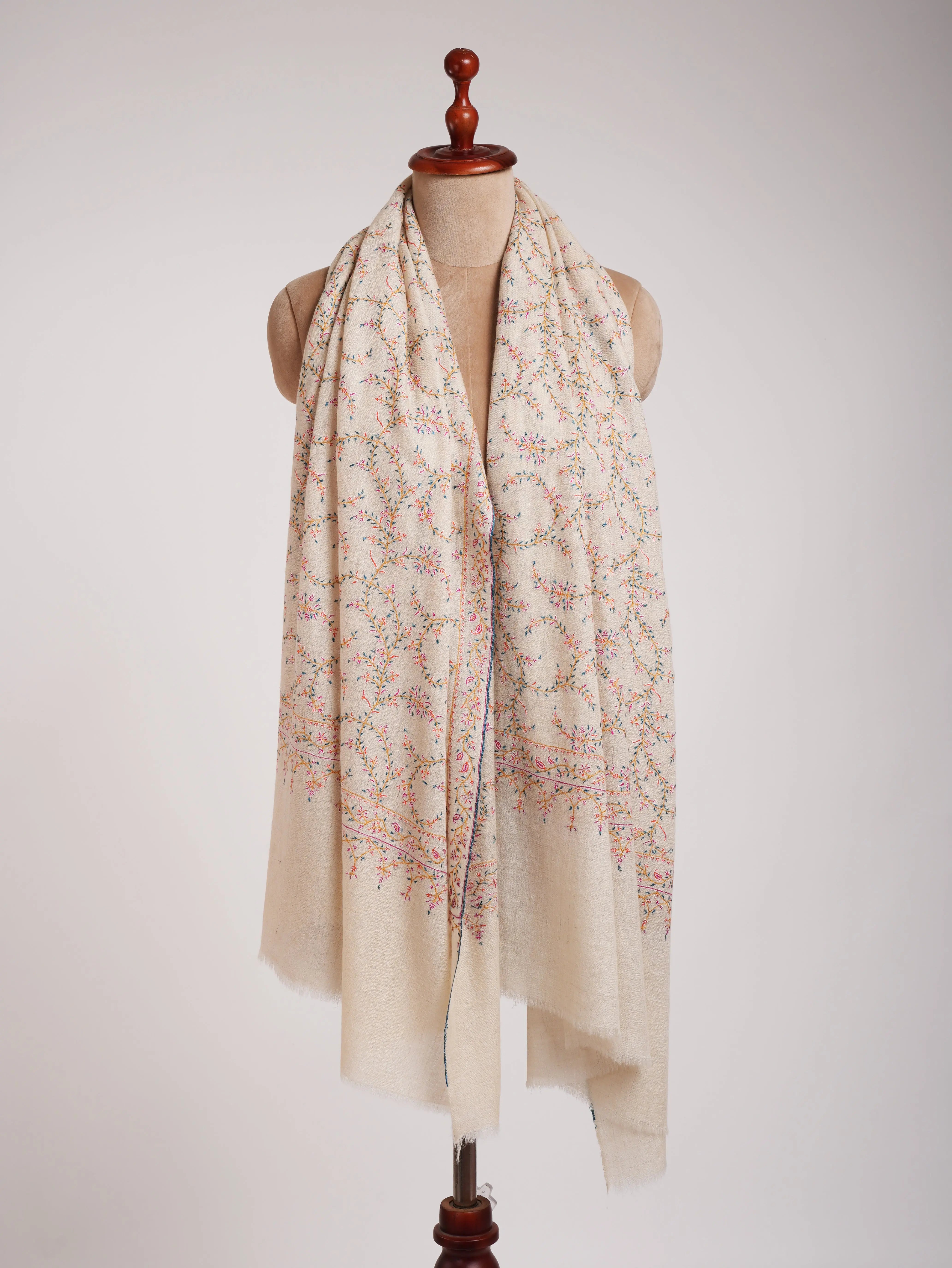 Ivory Authentic Pashmina Shawl with Sozni Embroidery Shahkaar