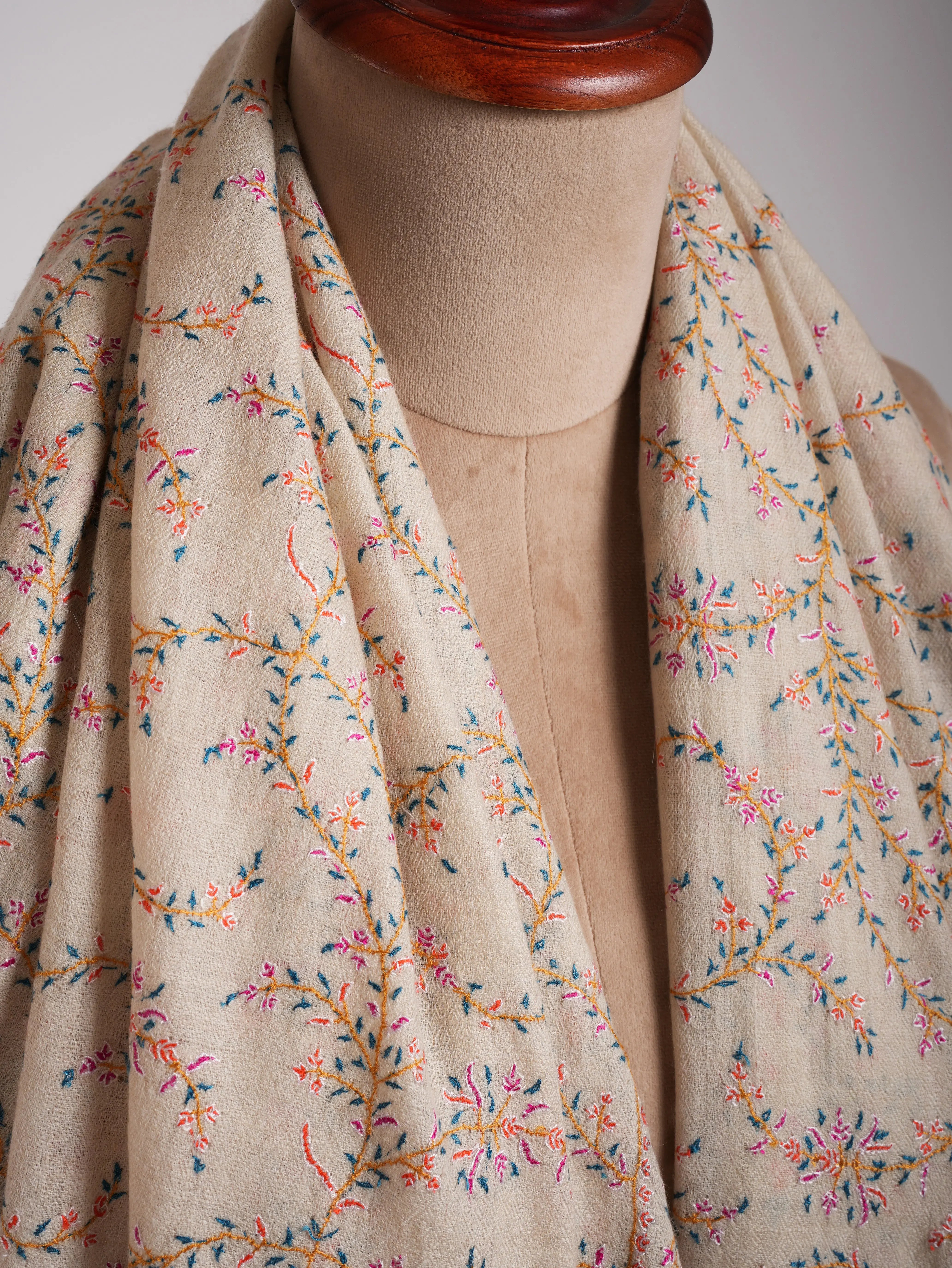 Ivory Authentic Pashmina Shawl with Sozni Embroidery Shahkaar