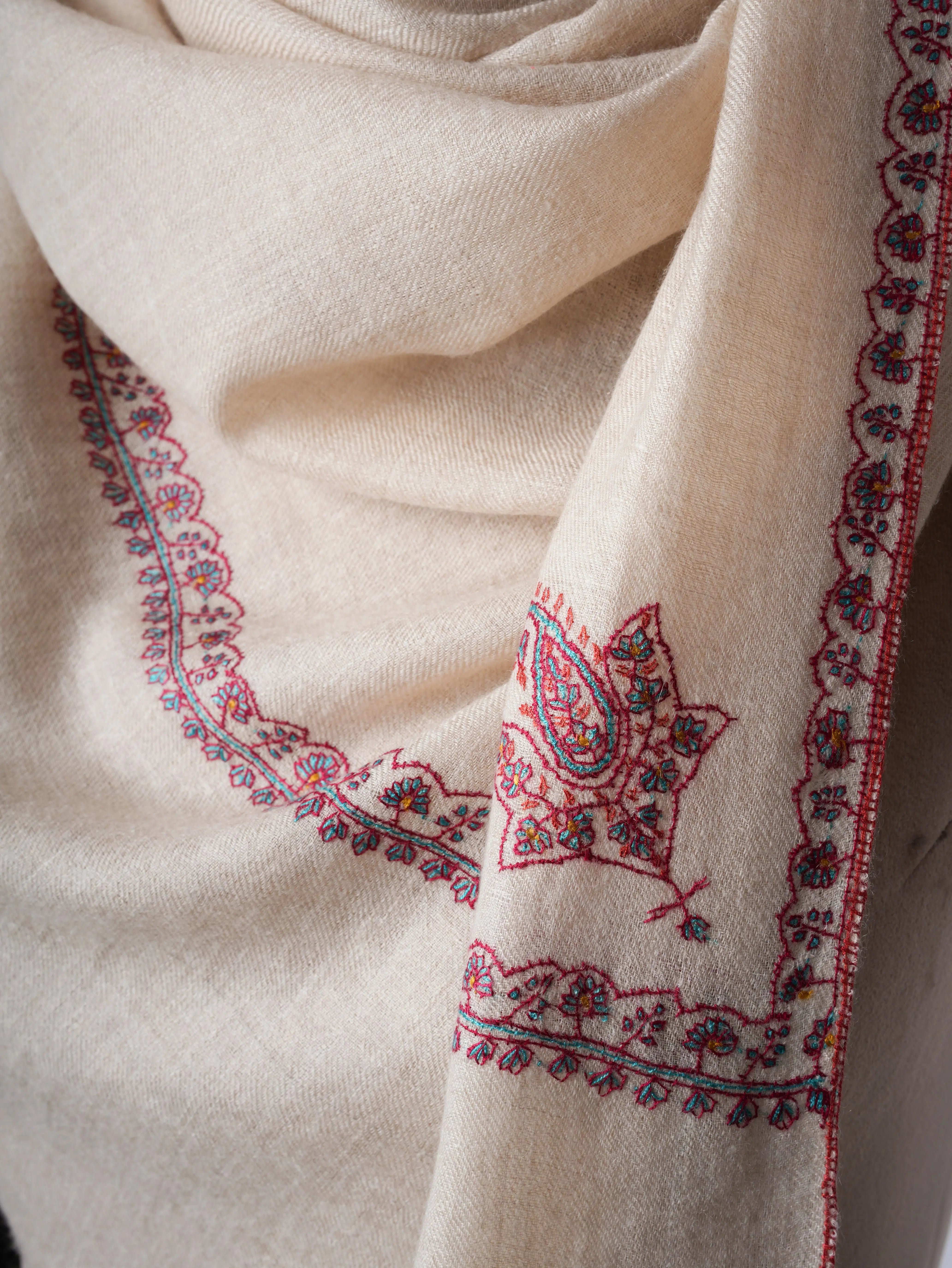 Ivory Baby Soft Cashmere Scarf with Hashia Needlework – Handcrafted in Kashmir Shahkaar
