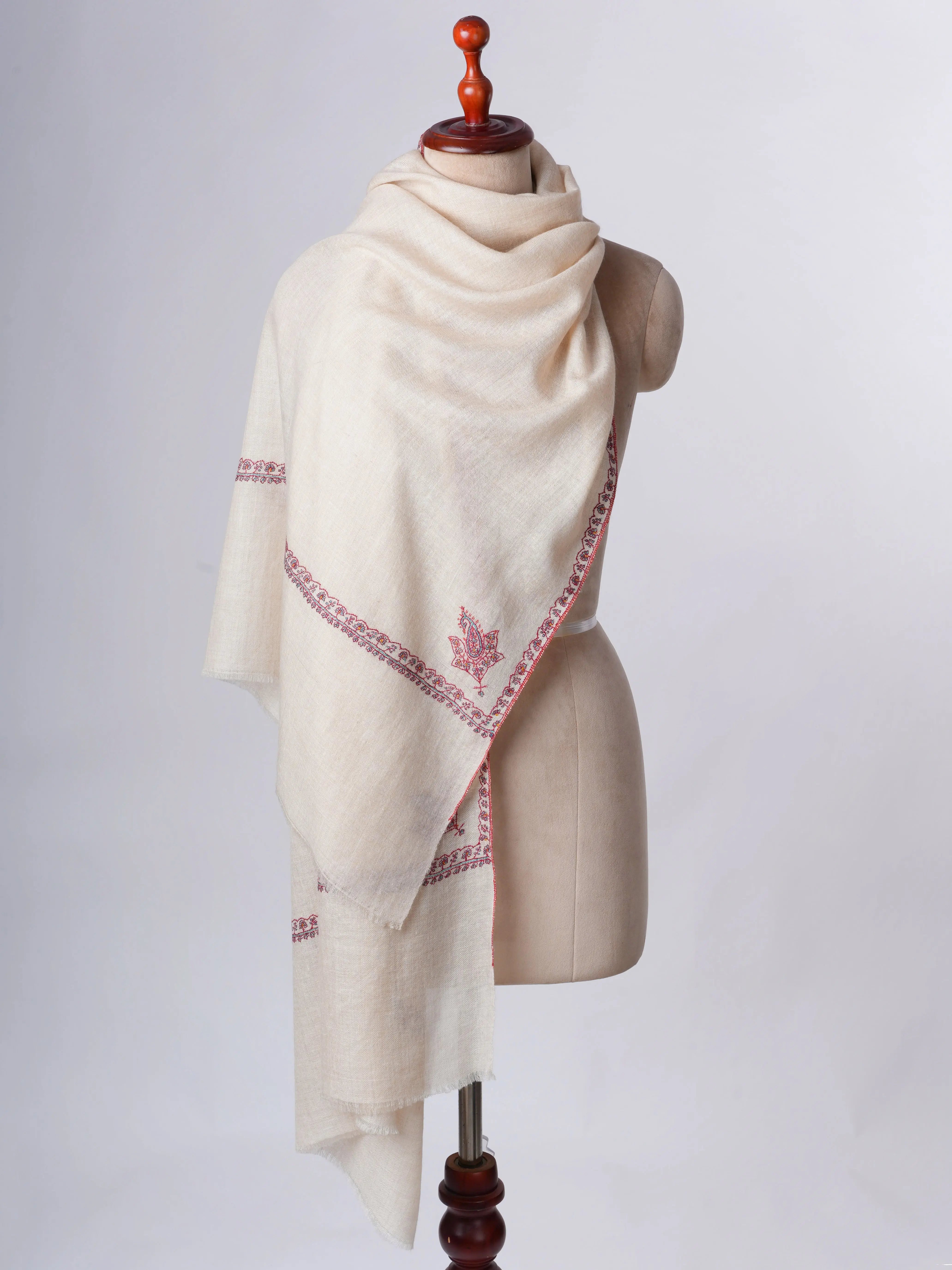 Ivory Baby Soft Cashmere Scarf with Hashia Needlework – Handcrafted in Kashmir Shahkaar
