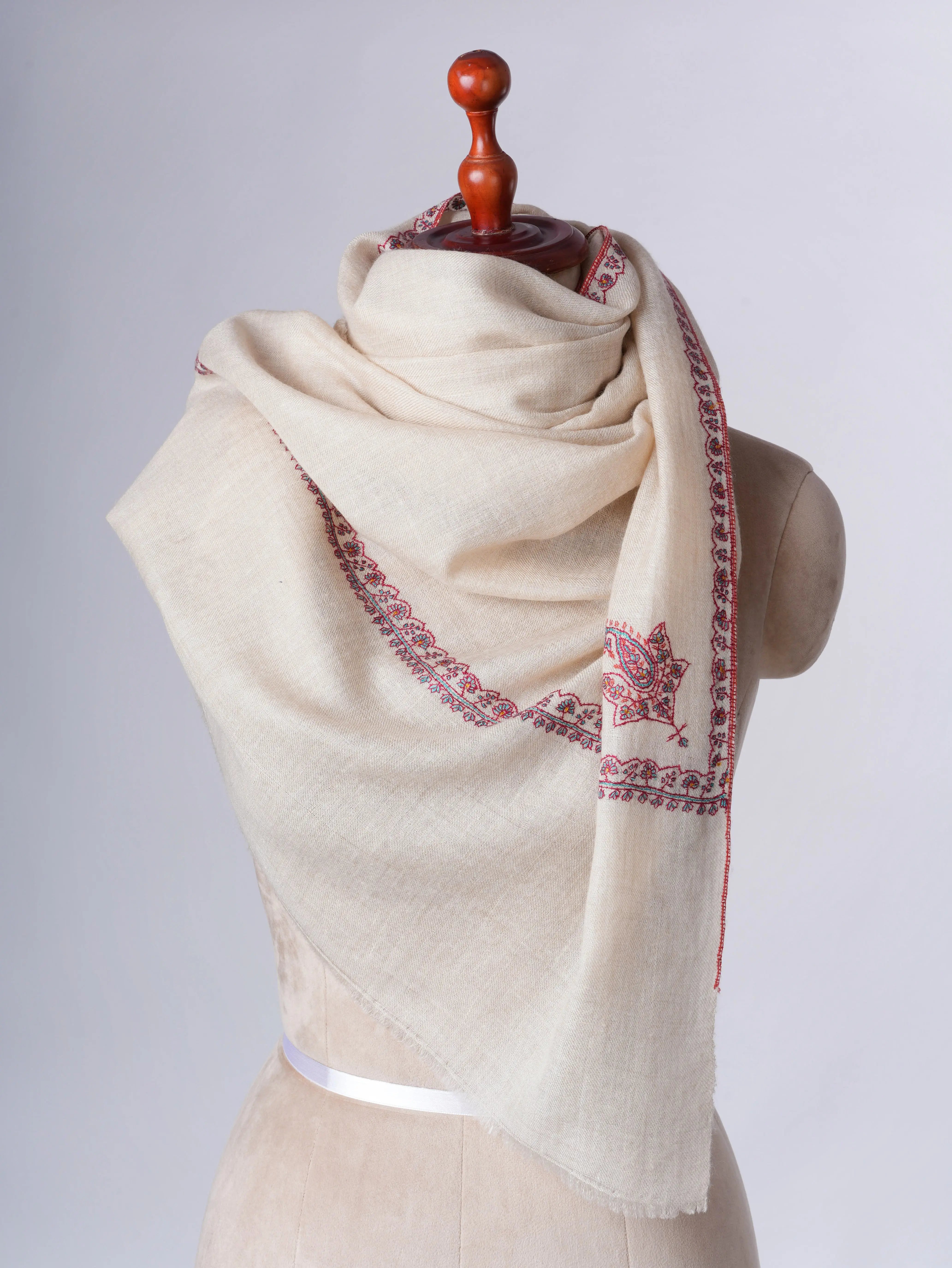 Ivory Baby Soft Cashmere Scarf with Hashia Needlework – Handcrafted in Kashmir Shahkaar