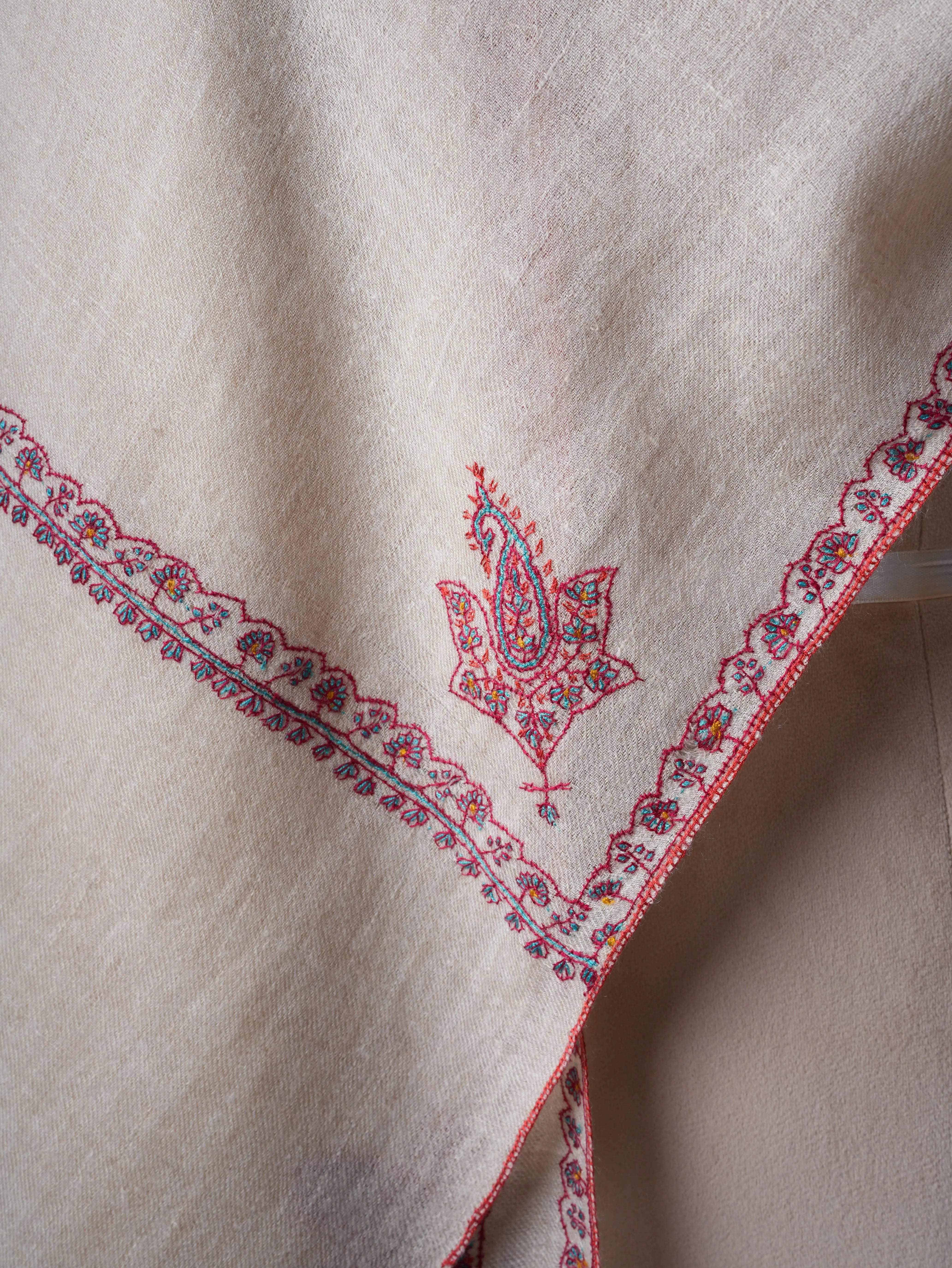 Ivory Baby Soft Cashmere Scarf with Hashia Needlework – Handcrafted in Kashmir Shahkaar