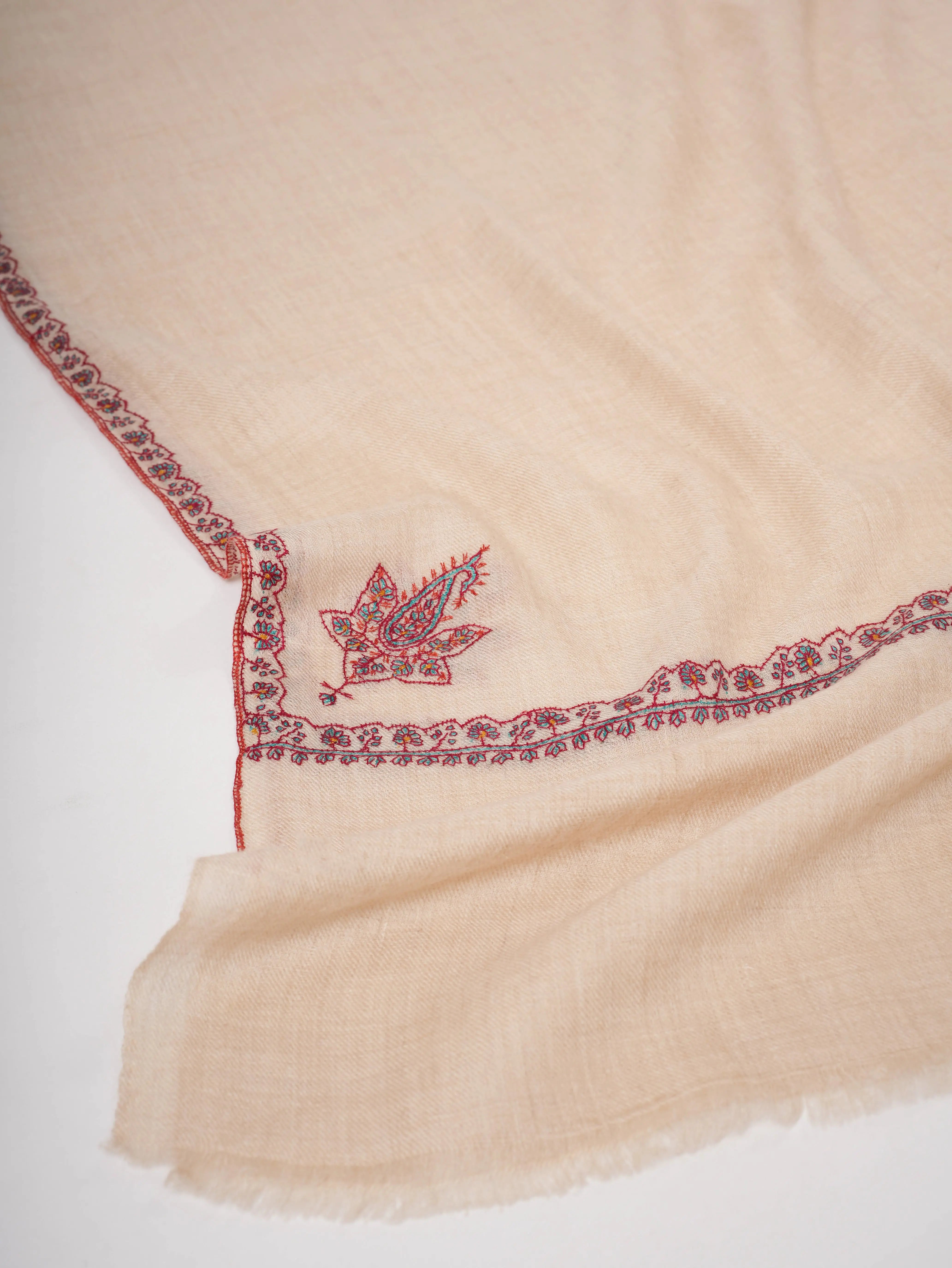 Ivory Baby Soft Cashmere Scarf with Hashia Needlework – Handcrafted in Kashmir Shahkaar