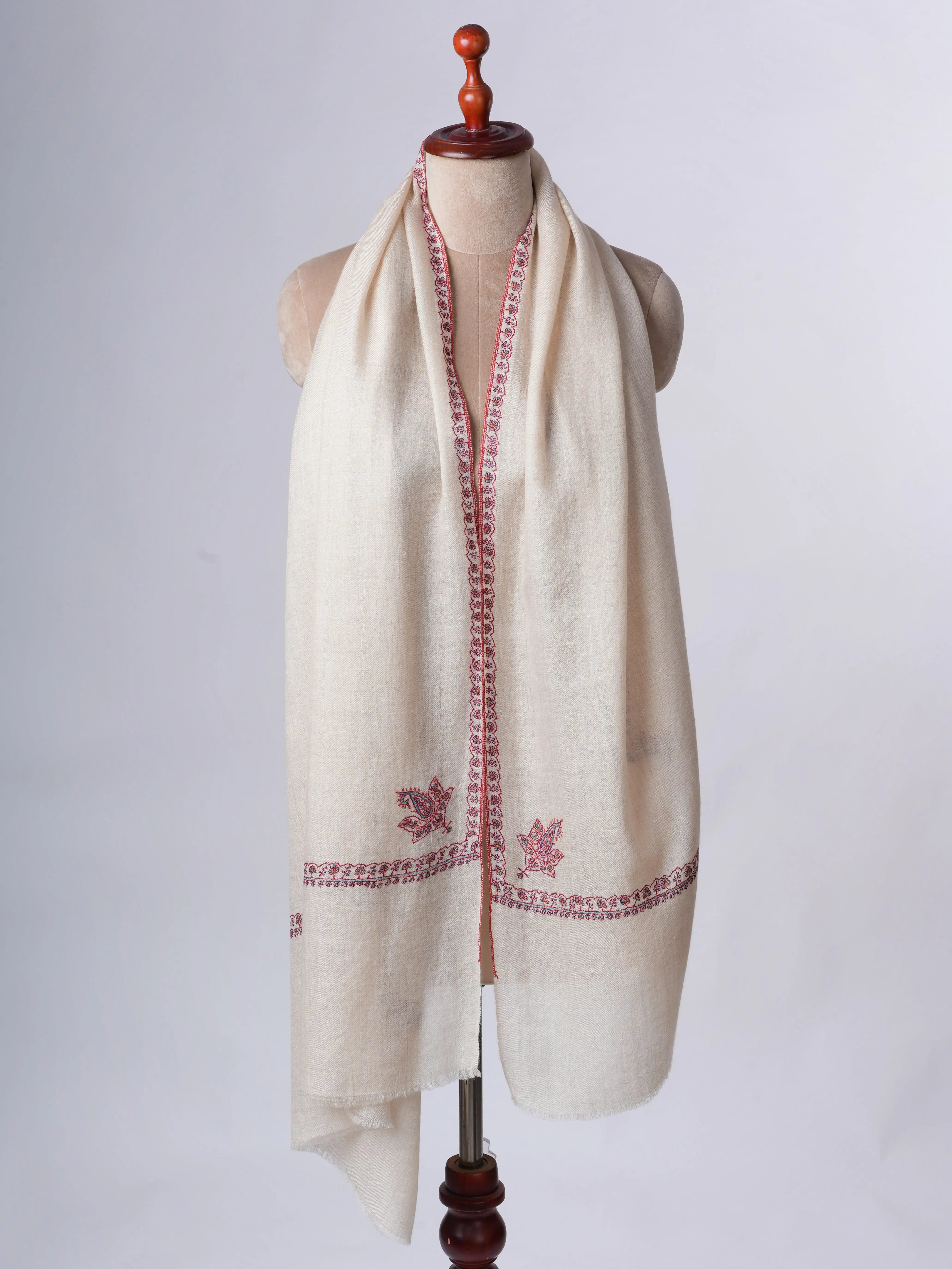 Ivory Baby Soft Cashmere Scarf with Hashia Needlework – Handcrafted in Kashmir Shahkaar