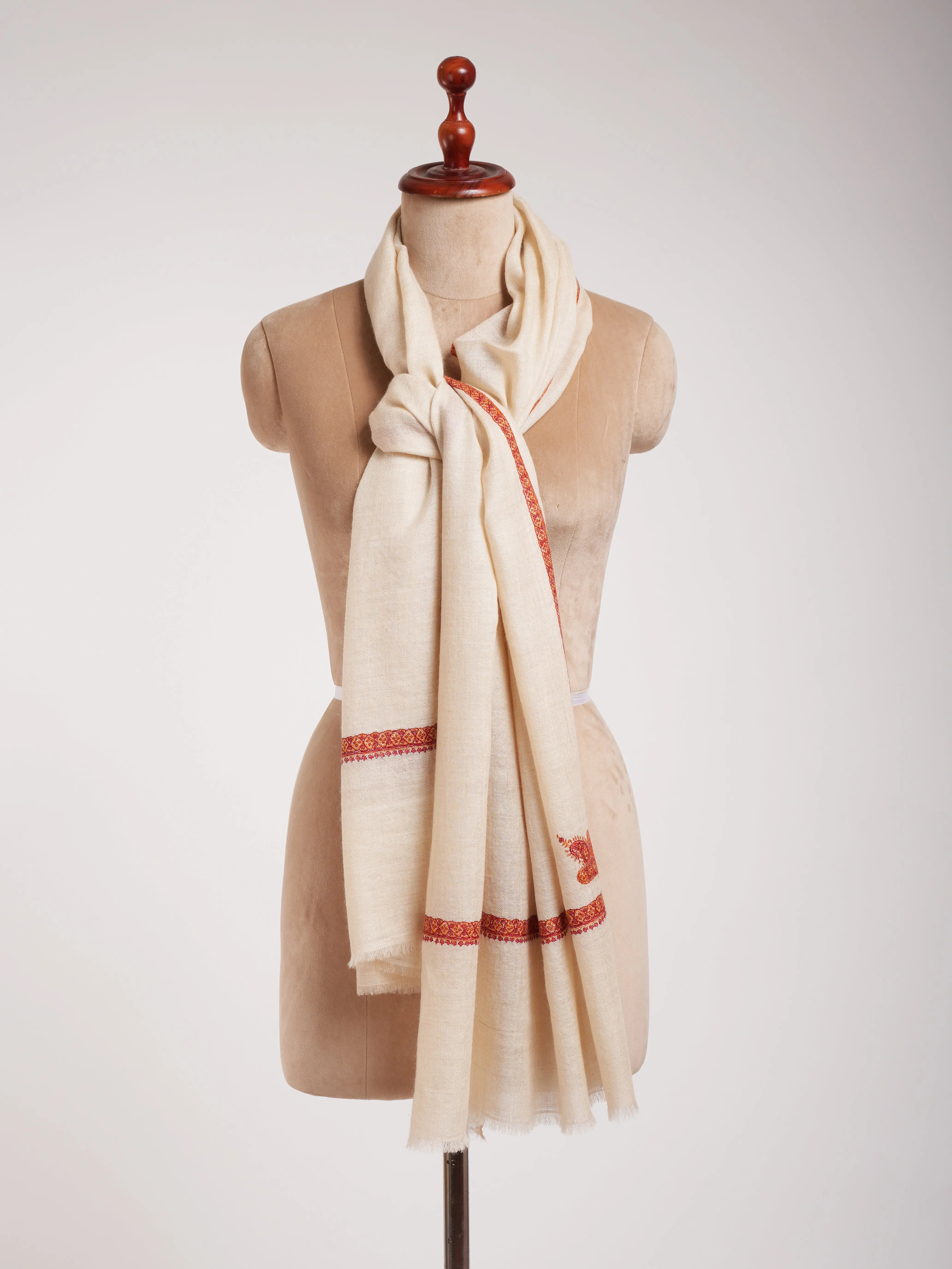 Ivory Beautiful Cashmere Scarf with Hand Embroidery Shahkaar