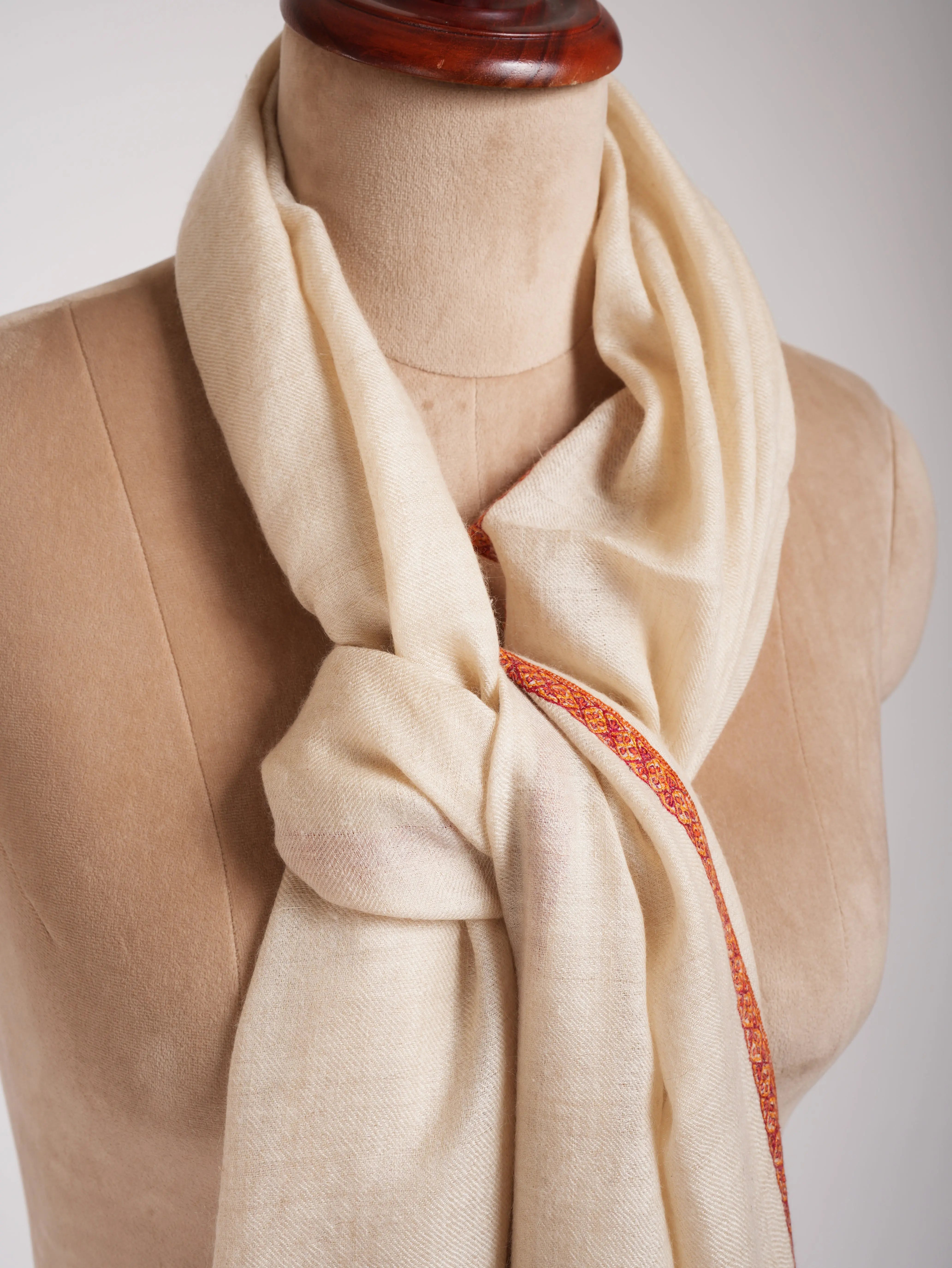 Ivory Beautiful Cashmere Scarf with Hand Embroidery Shahkaar