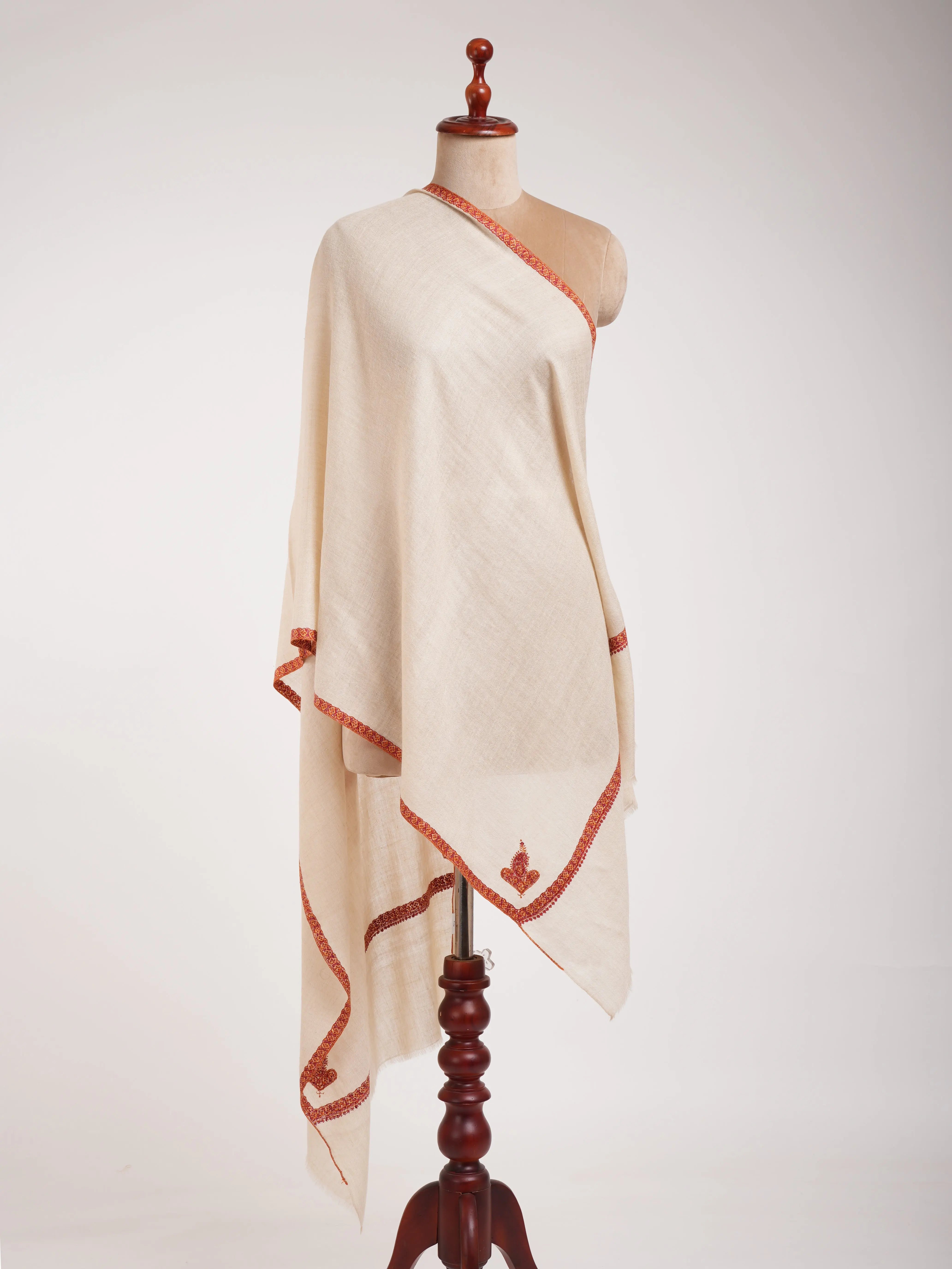 Ivory Beautiful Cashmere Scarf with Hand Embroidery Shahkaar