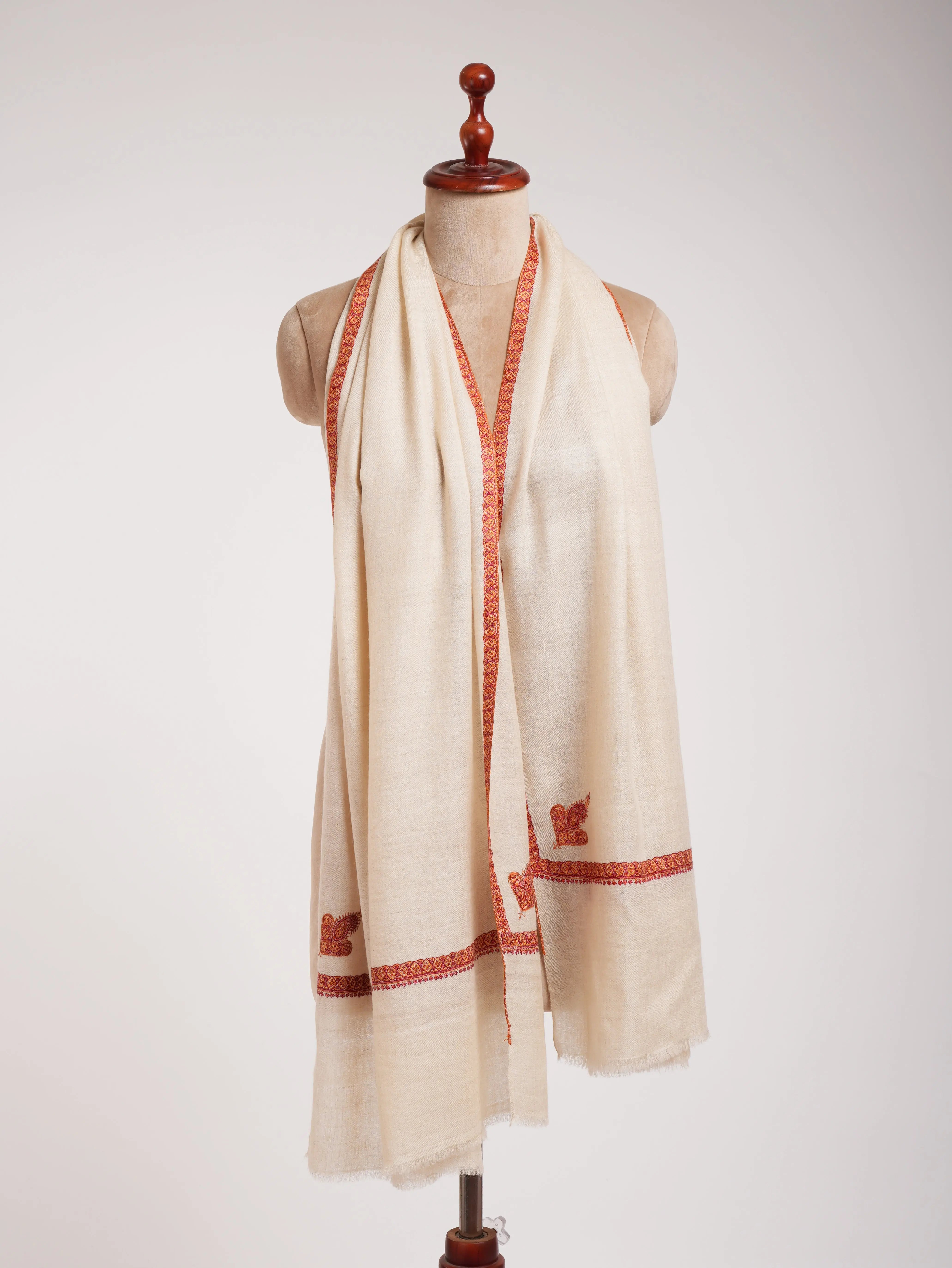 Ivory Beautiful Cashmere Scarf with Hand Embroidery Shahkaar