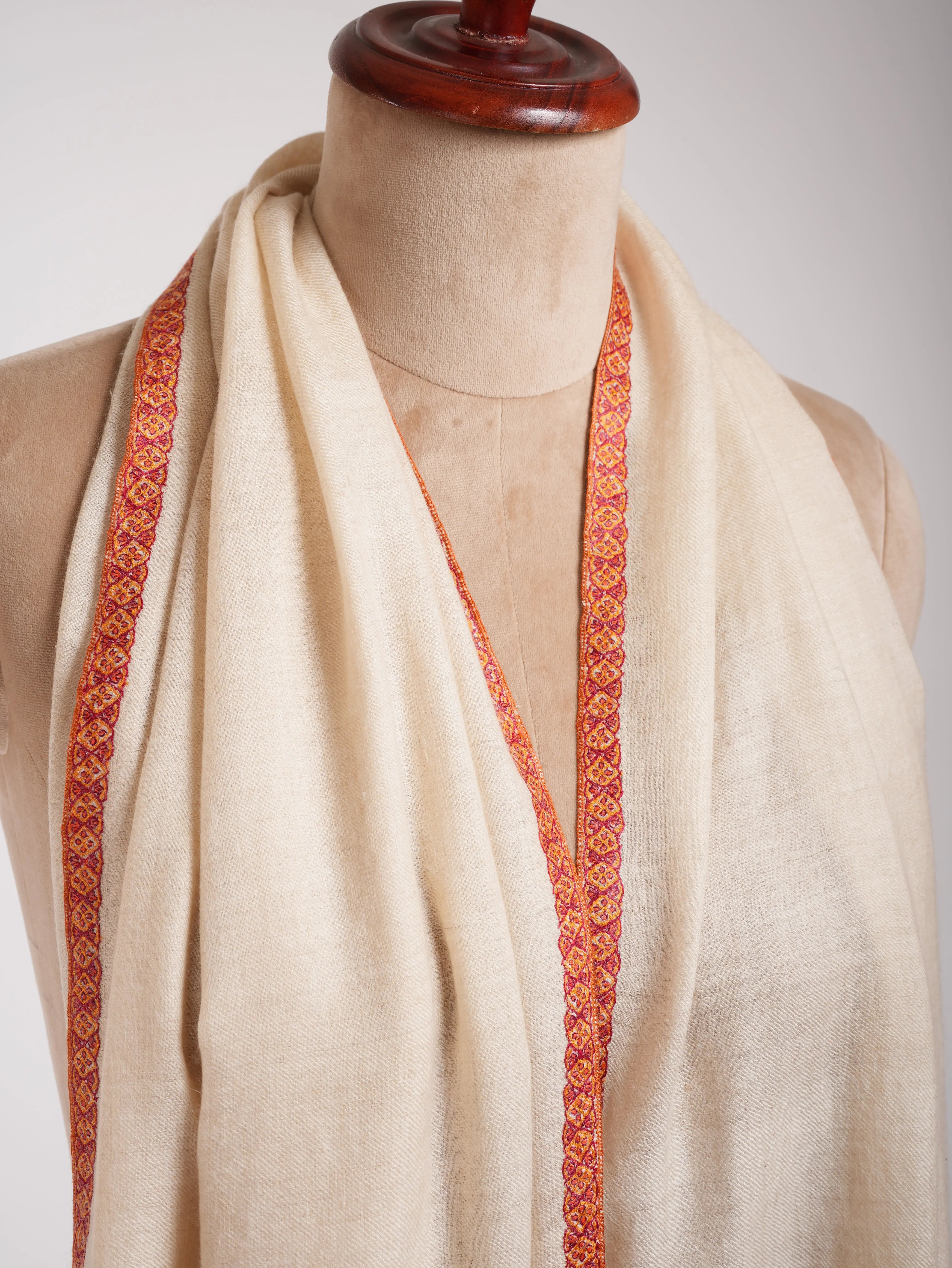 Ivory Beautiful Cashmere Scarf with Hand Embroidery Shahkaar