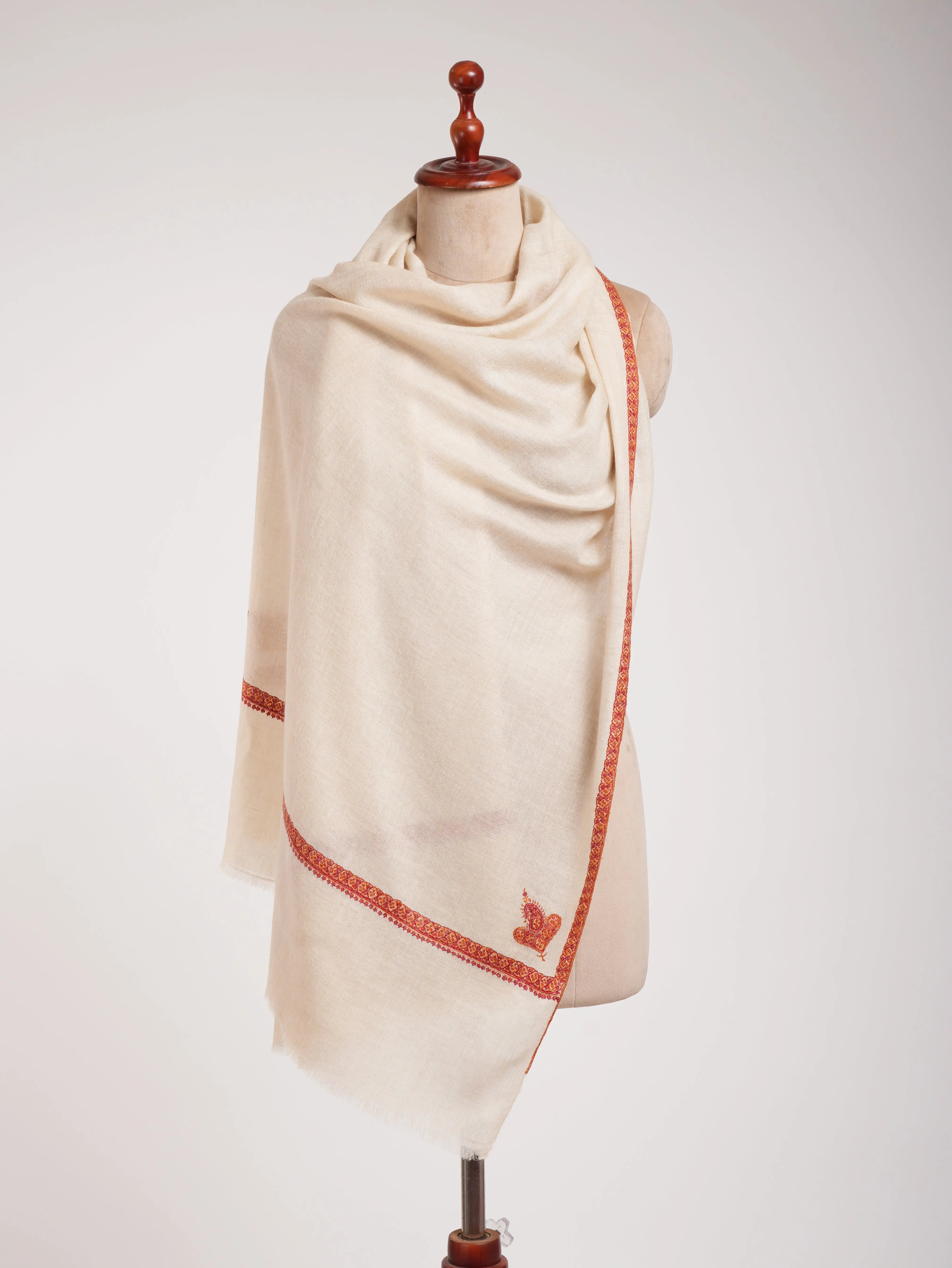 Ivory Beautiful Cashmere Scarf with Hand Embroidery Shahkaar