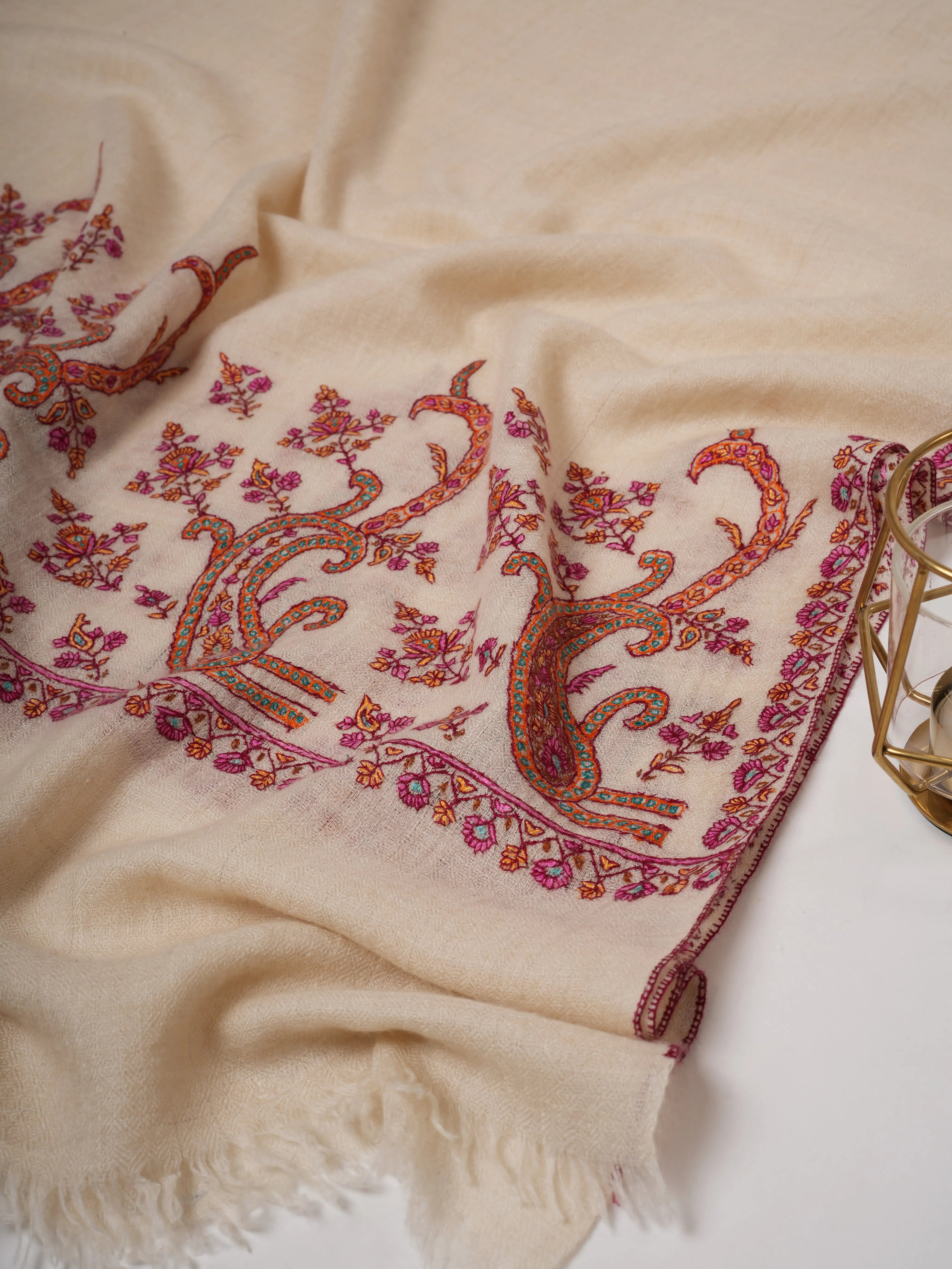 Ivory Butter Soft Cashmere Scarf with Palla Hand Embroidery – Luxury Artisan Wrap Shahkaar
