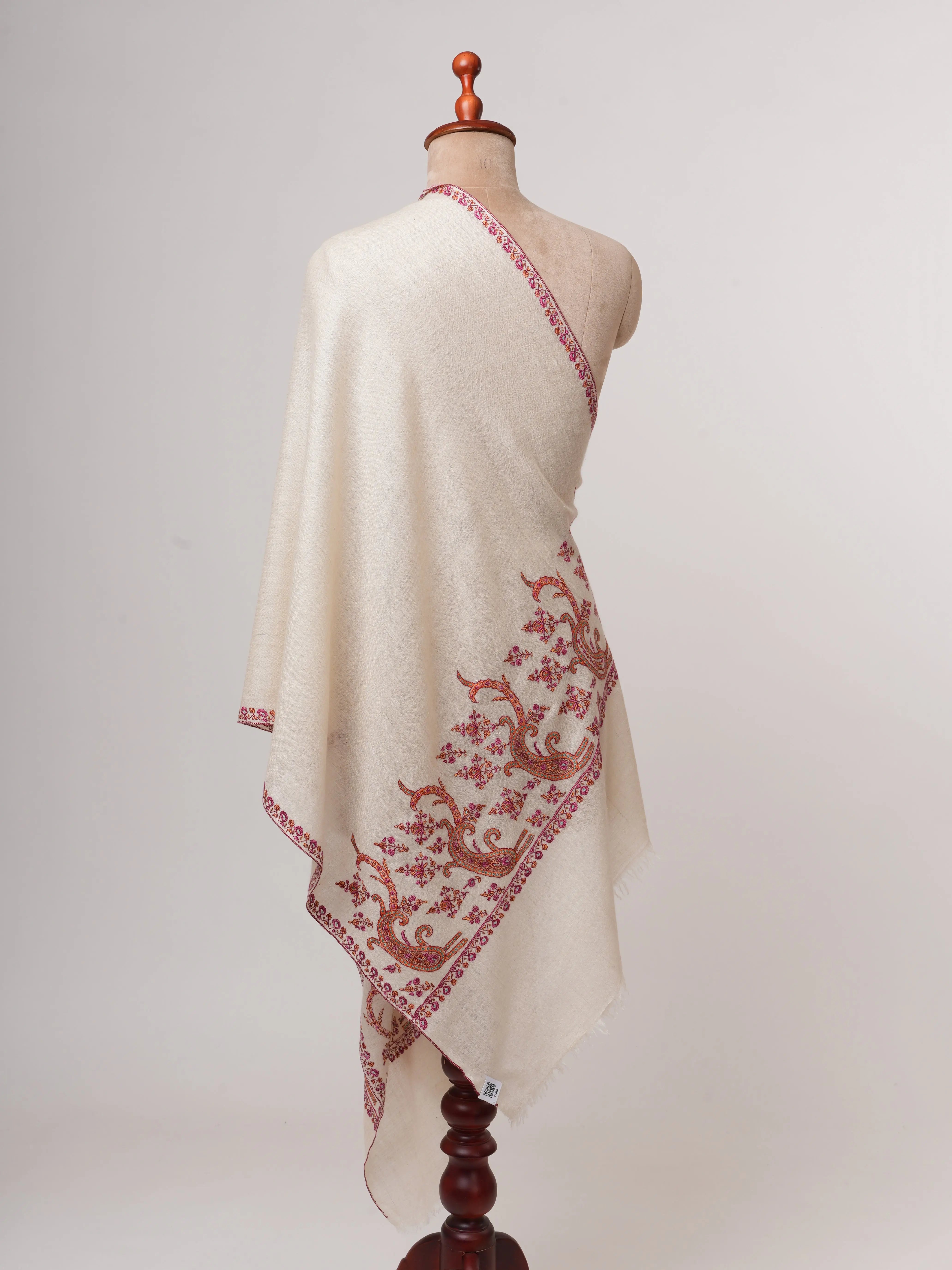 Ivory Butter Soft Cashmere Scarf with Palla Hand Embroidery – Luxury Artisan Wrap Shahkaar