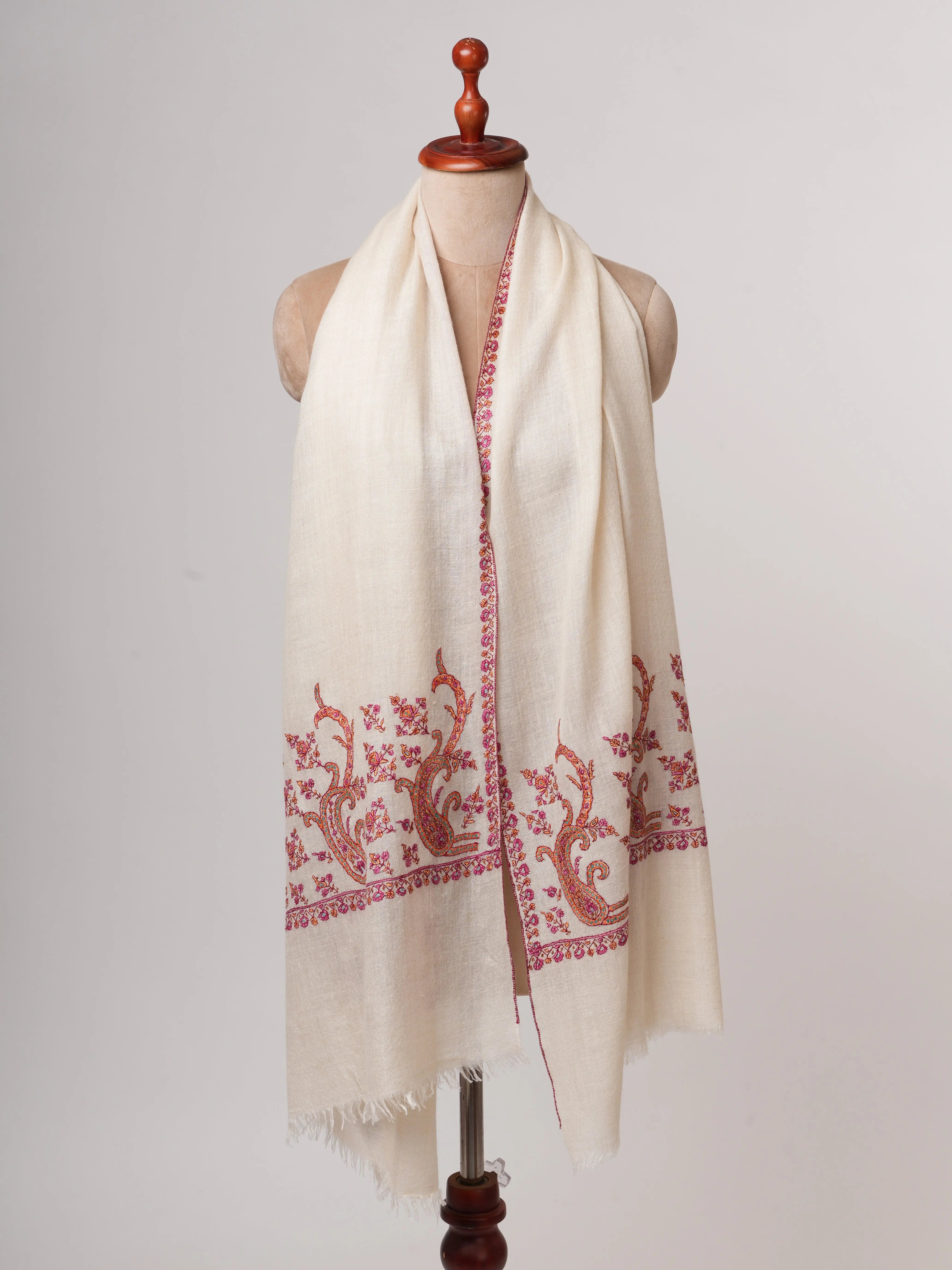 Ivory Butter Soft Cashmere Scarf with Palla Hand Embroidery – Luxury Artisan Wrap Shahkaar