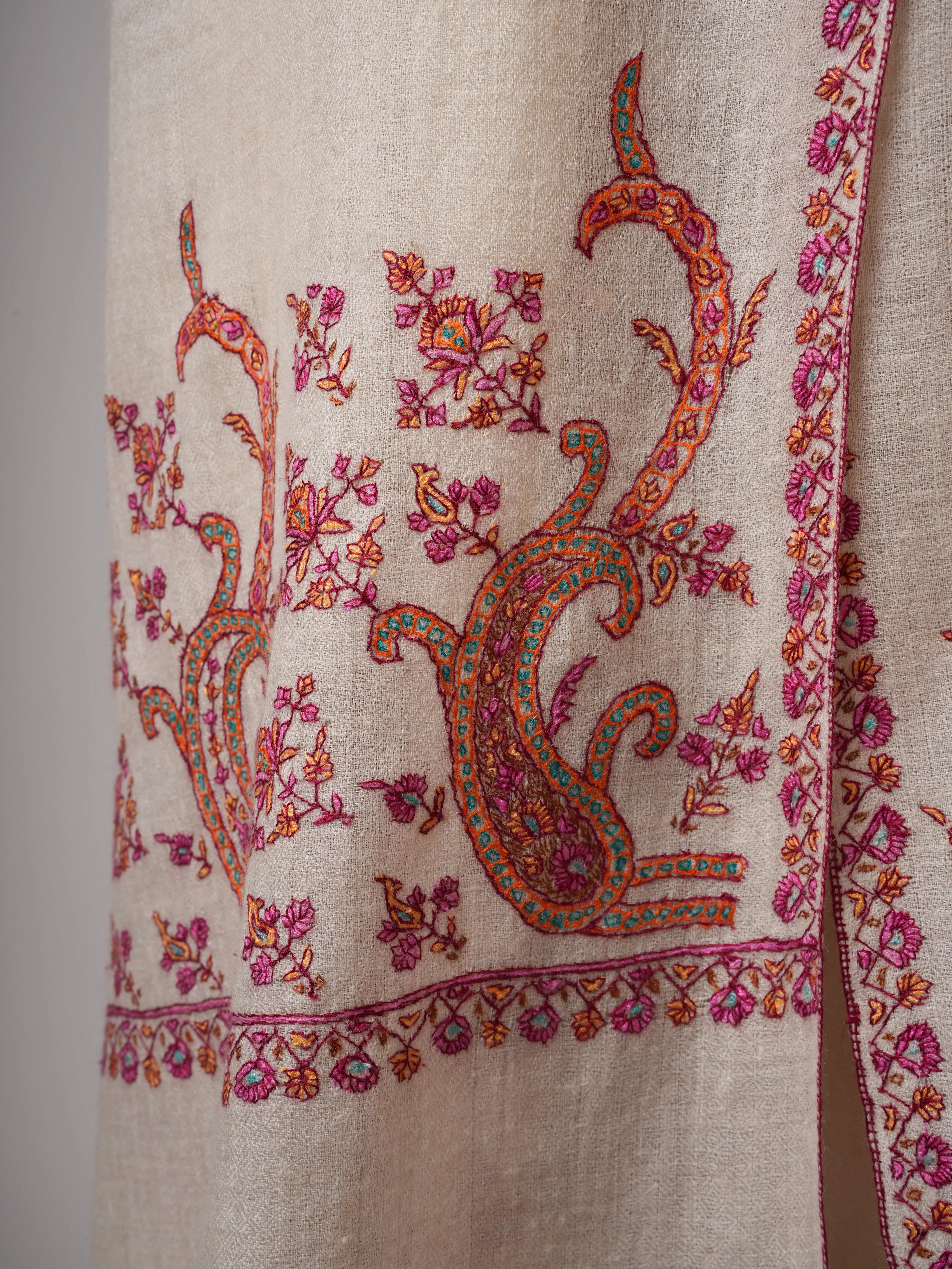 Ivory Butter Soft Cashmere Scarf with Palla Hand Embroidery – Luxury Artisan Wrap Shahkaar