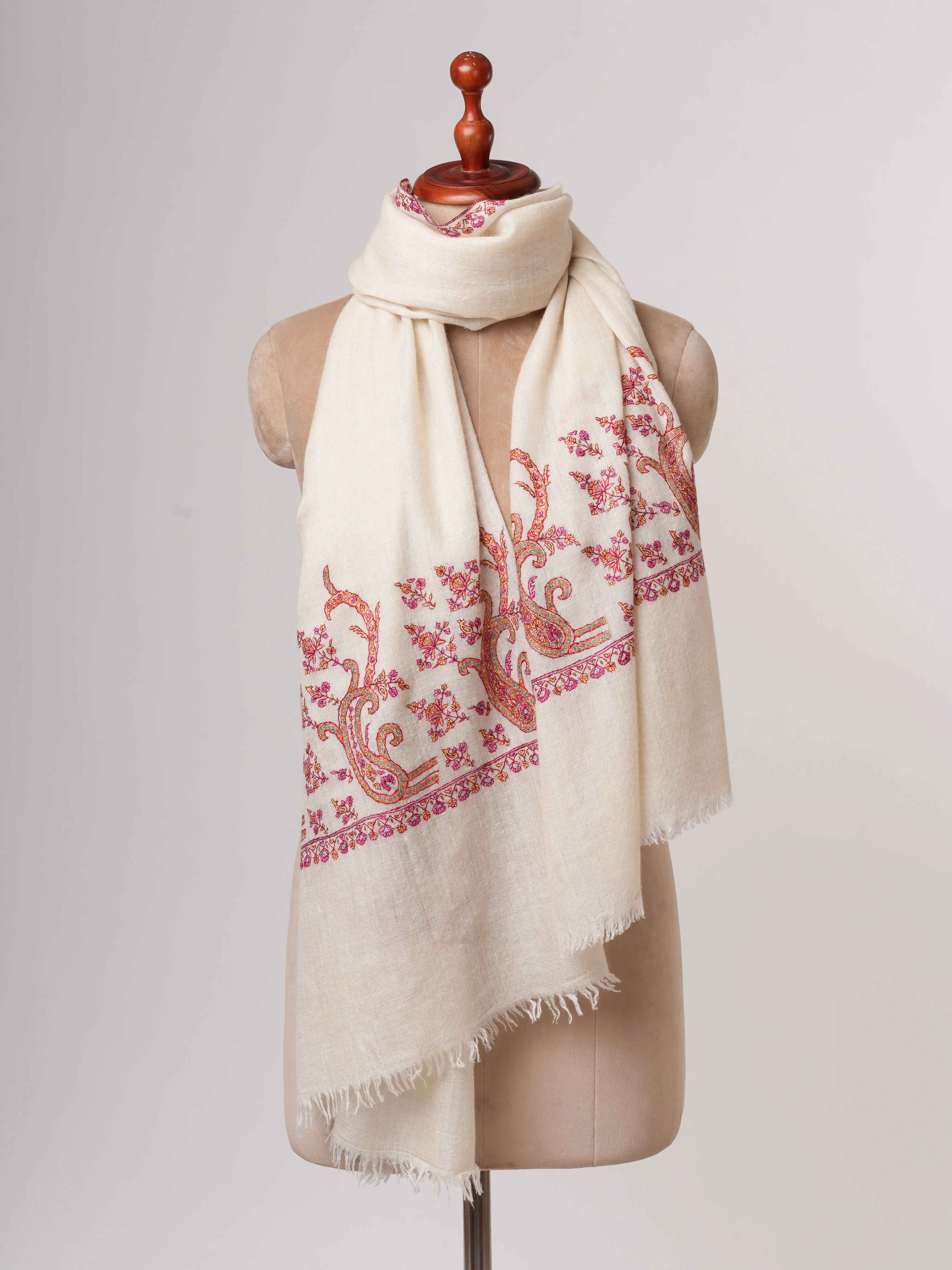 Ivory Butter Soft Cashmere Scarf with Palla Hand Embroidery – Luxury Artisan Wrap Shahkaar