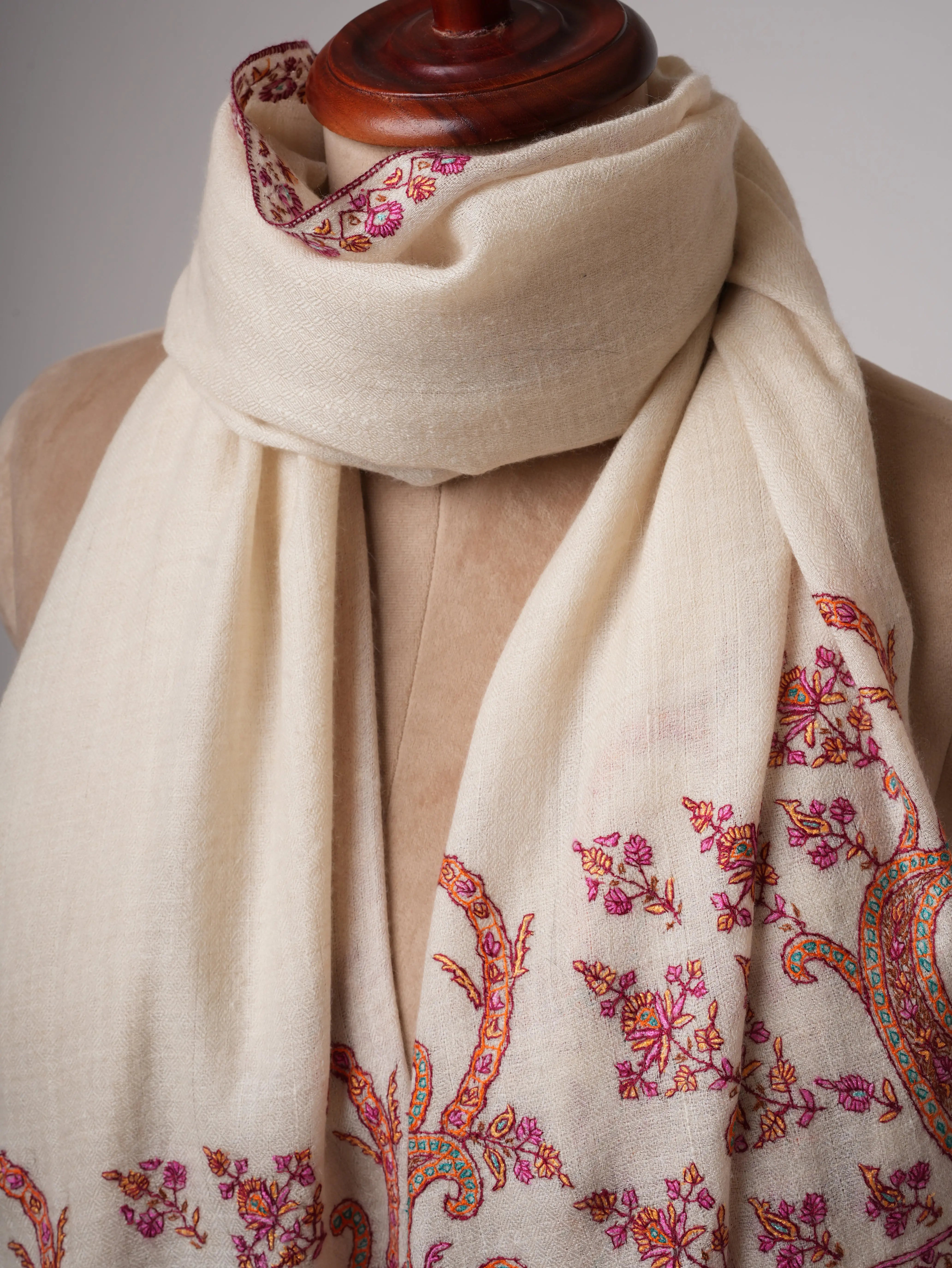 Ivory Butter Soft Cashmere Scarf with Palla Hand Embroidery – Luxury Artisan Wrap Shahkaar