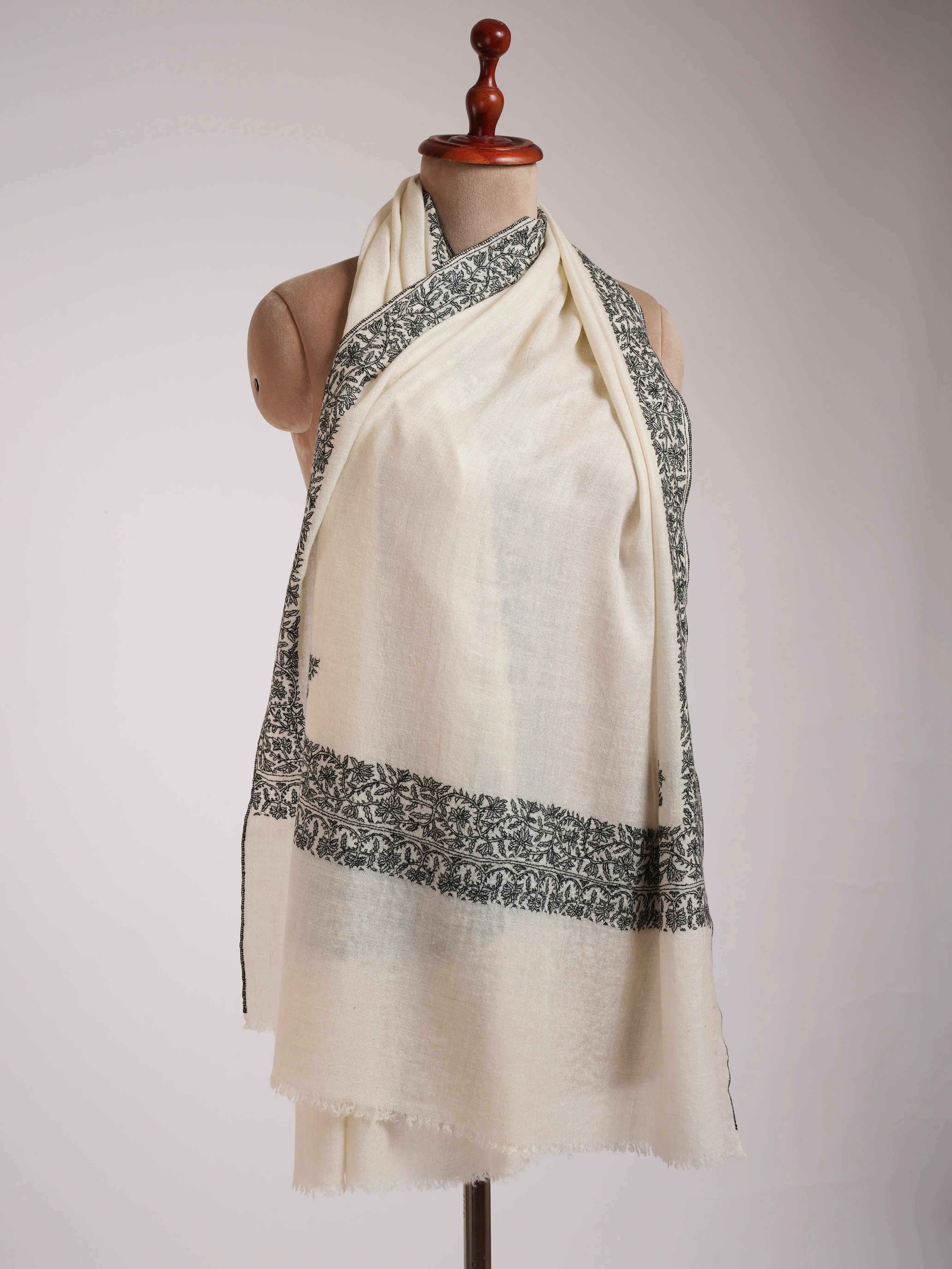 Ivory Cashmere Scarf in Black Sozni Embroidery Shahkaar