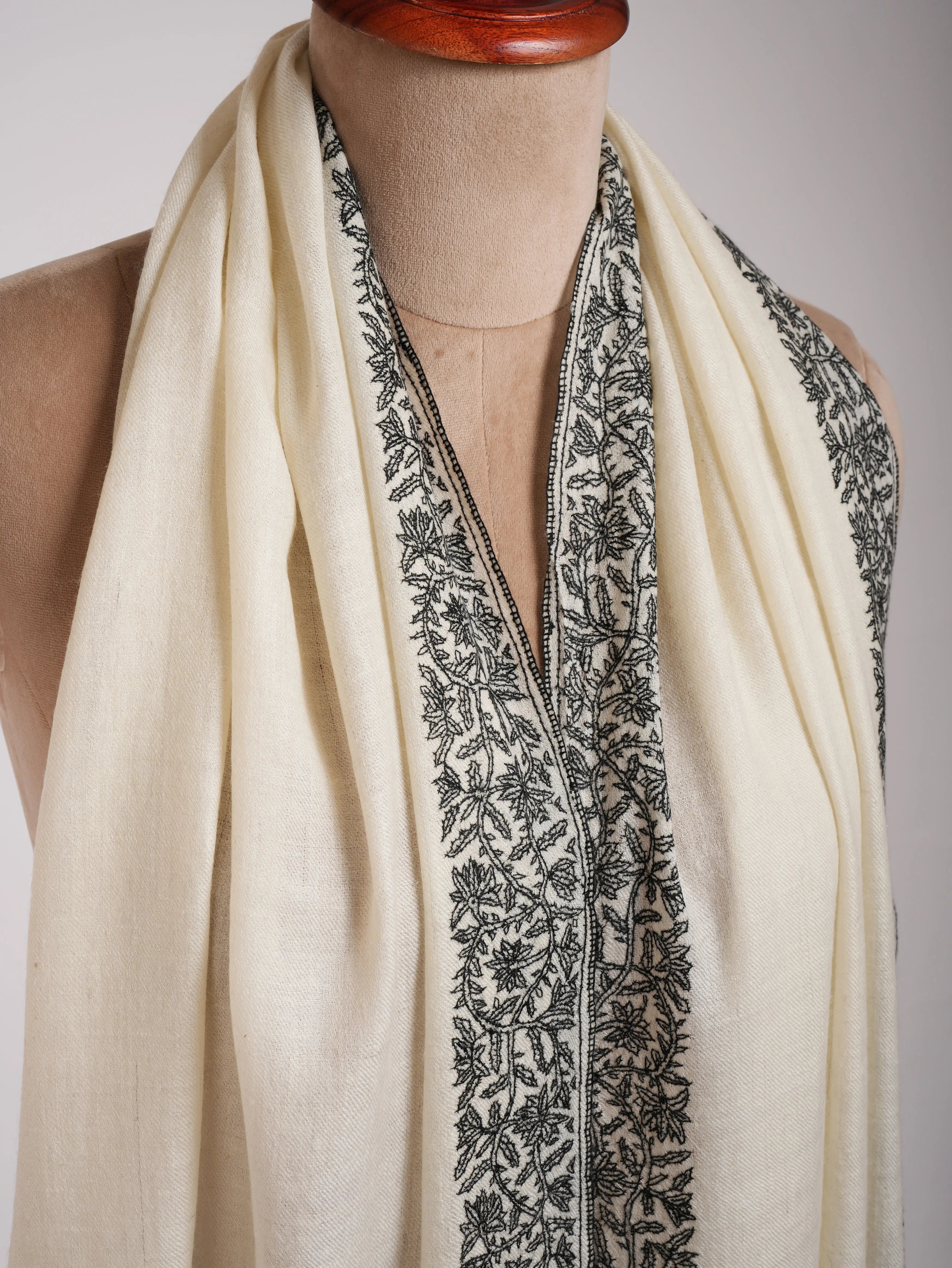 Ivory Cashmere Scarf in Black Sozni Embroidery Shahkaar