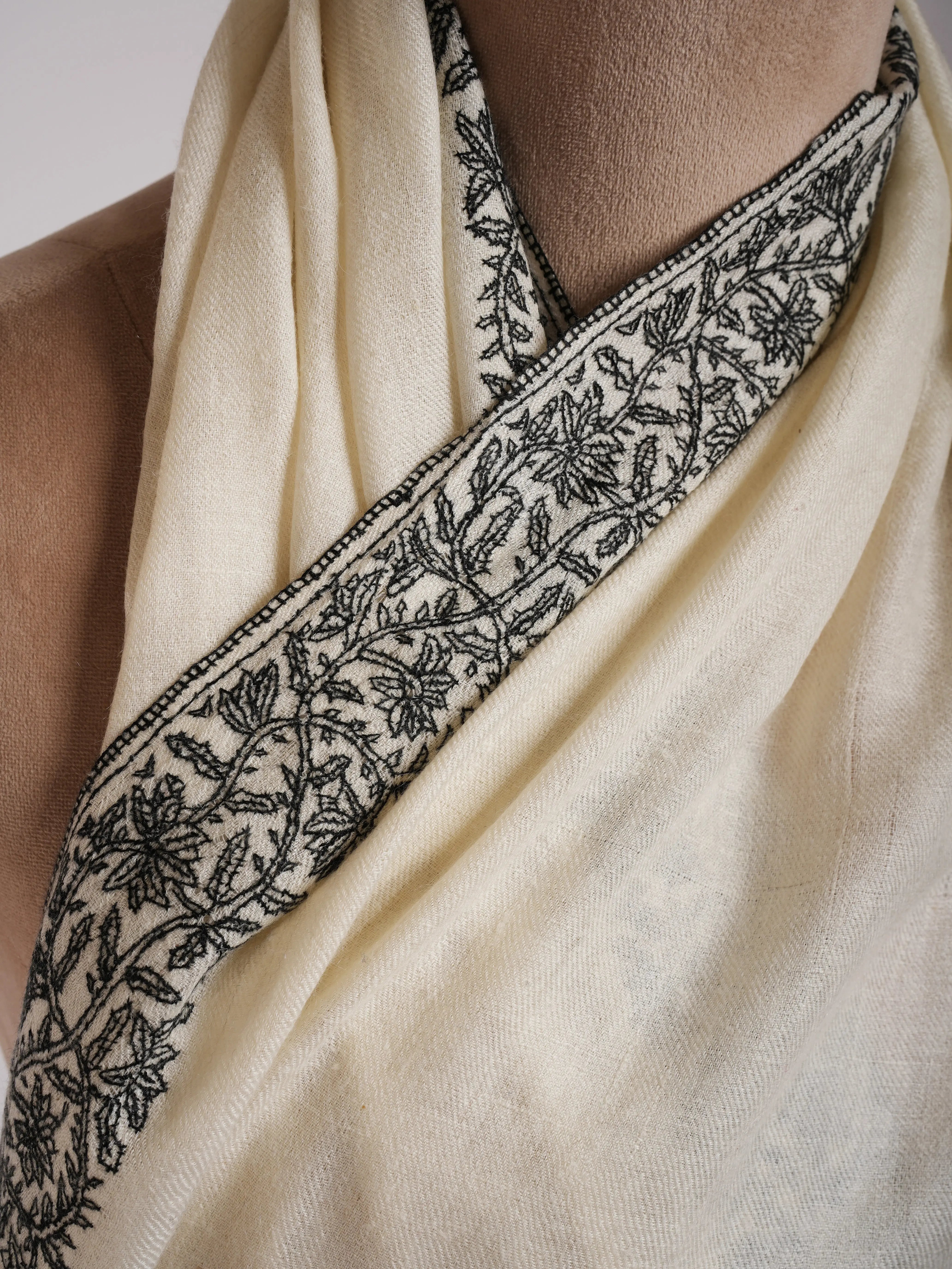 Ivory Cashmere Scarf in Black Sozni Embroidery Shahkaar