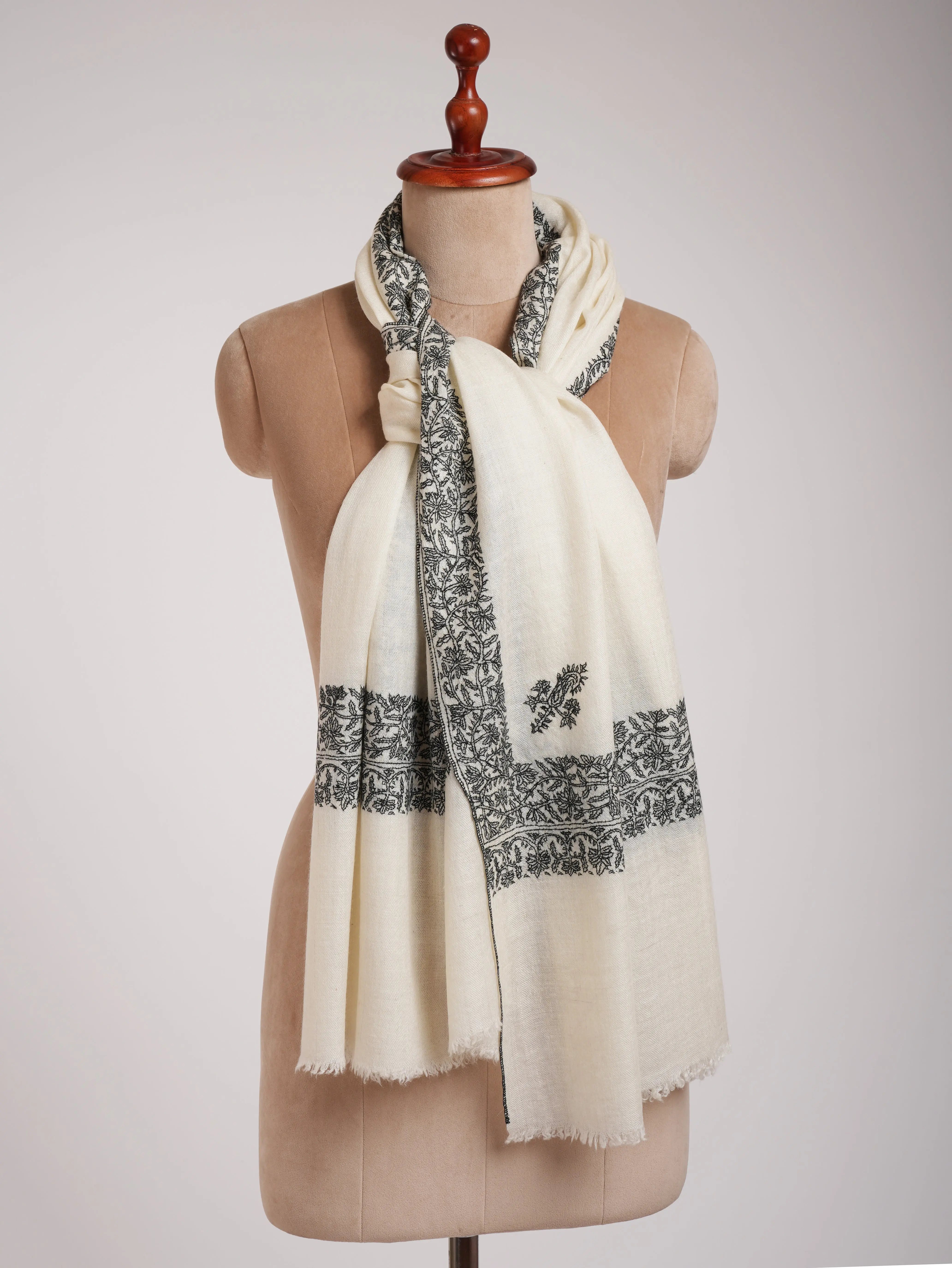Ivory Cashmere Scarf in Black Sozni Embroidery Shahkaar