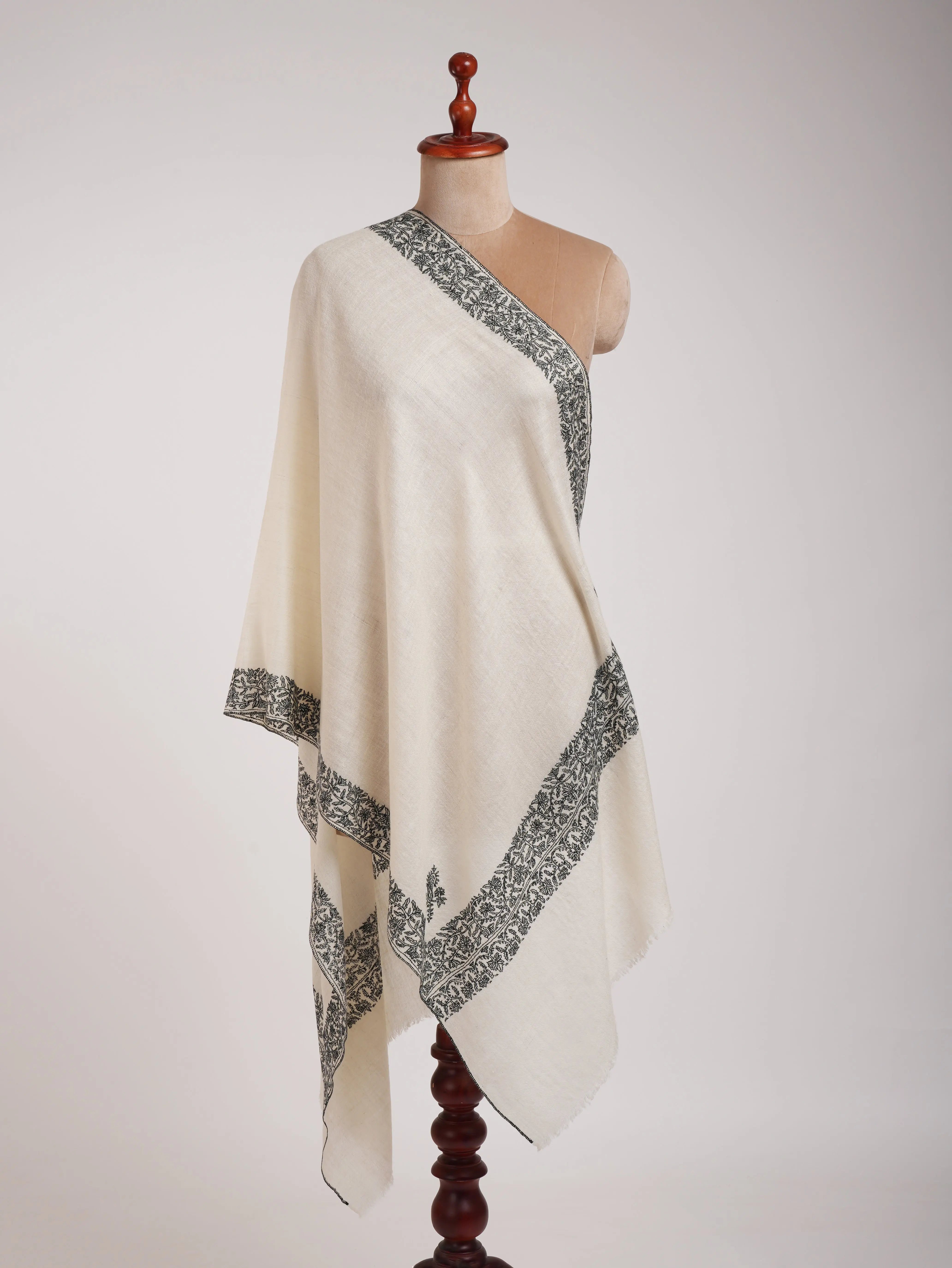 Ivory Cashmere Scarf in Black Sozni Embroidery Shahkaar