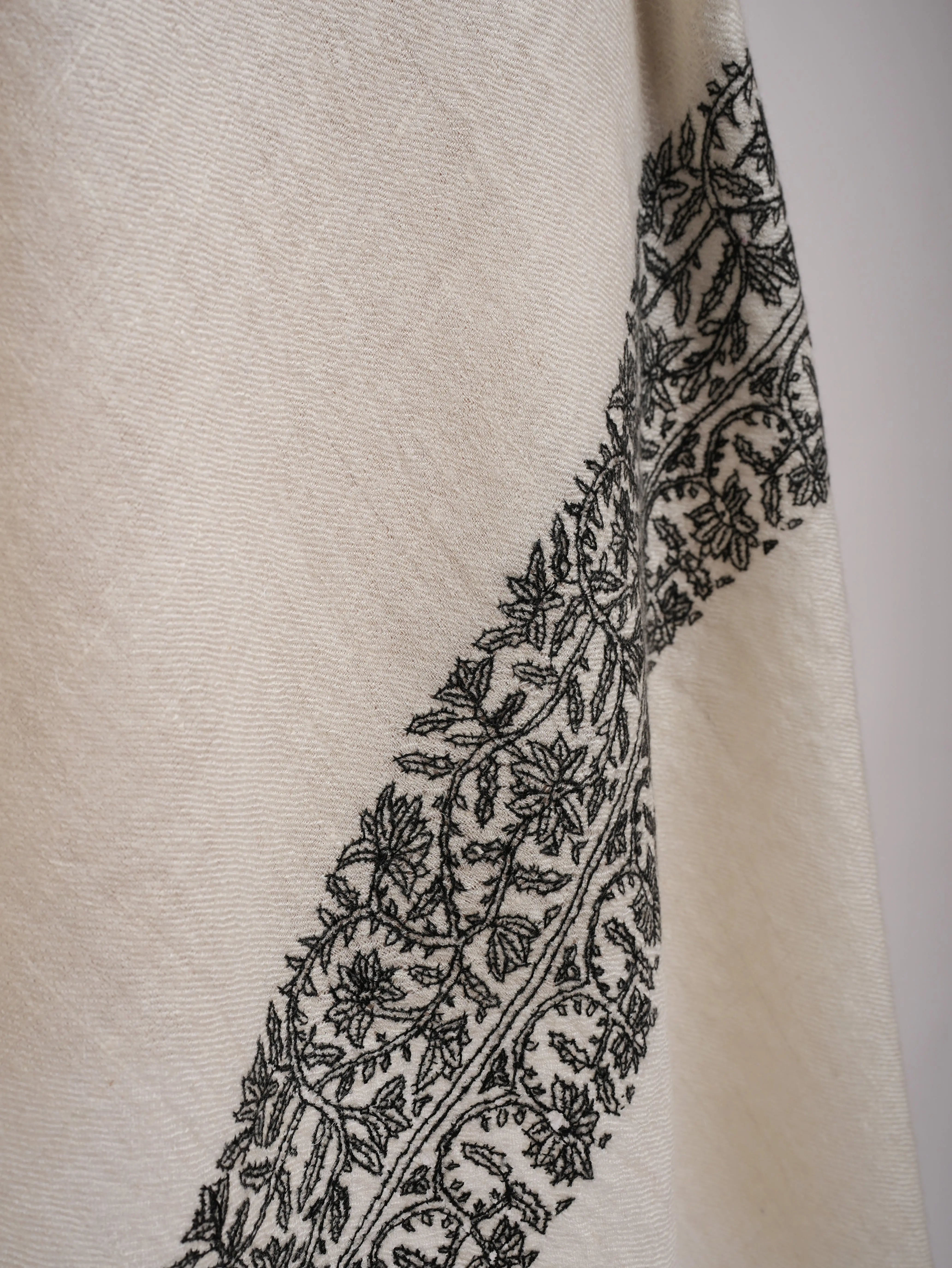 Ivory Cashmere Scarf in Black Sozni Embroidery Shahkaar