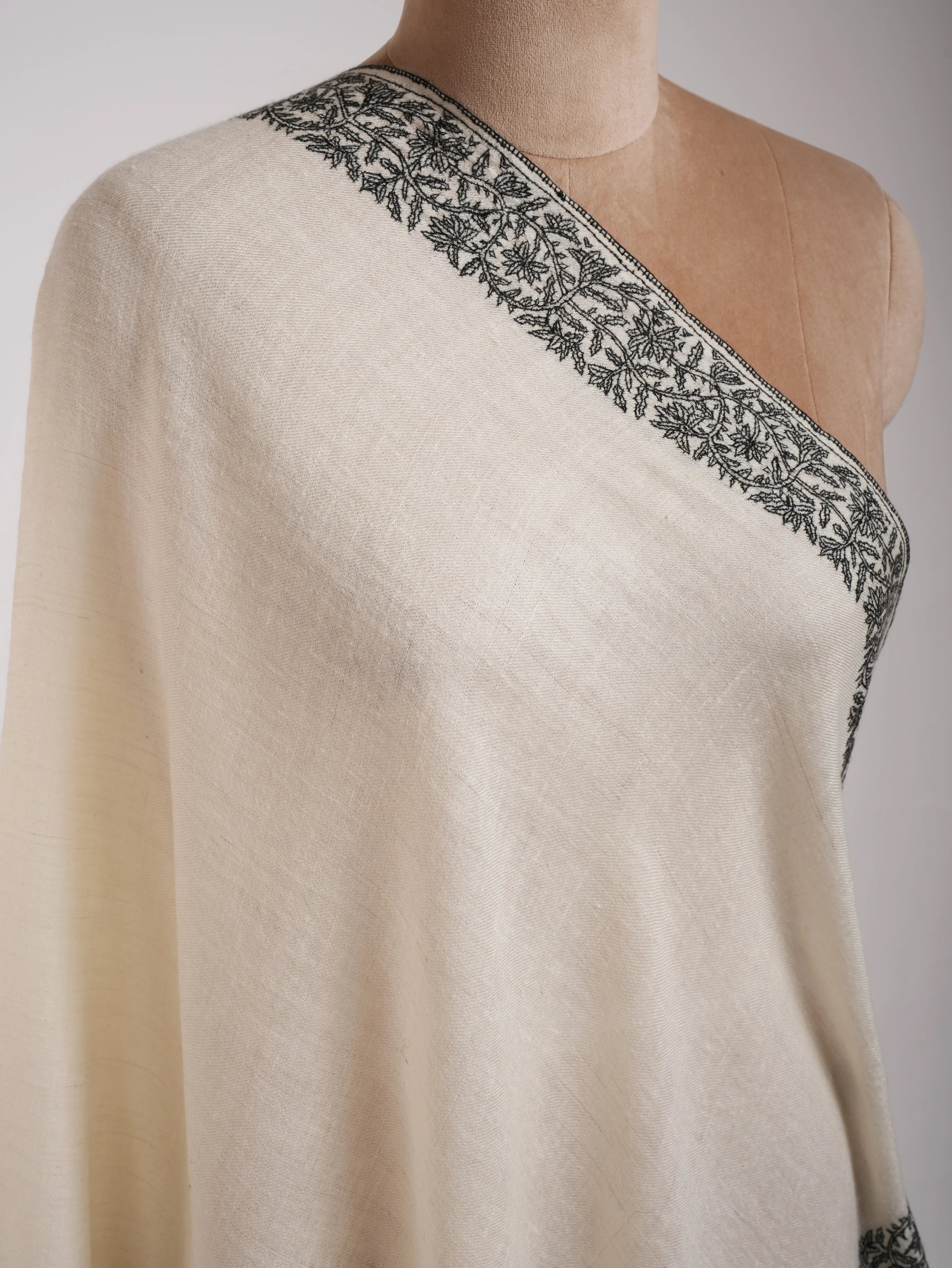 Ivory Cashmere Scarf in Black Sozni Embroidery Shahkaar
