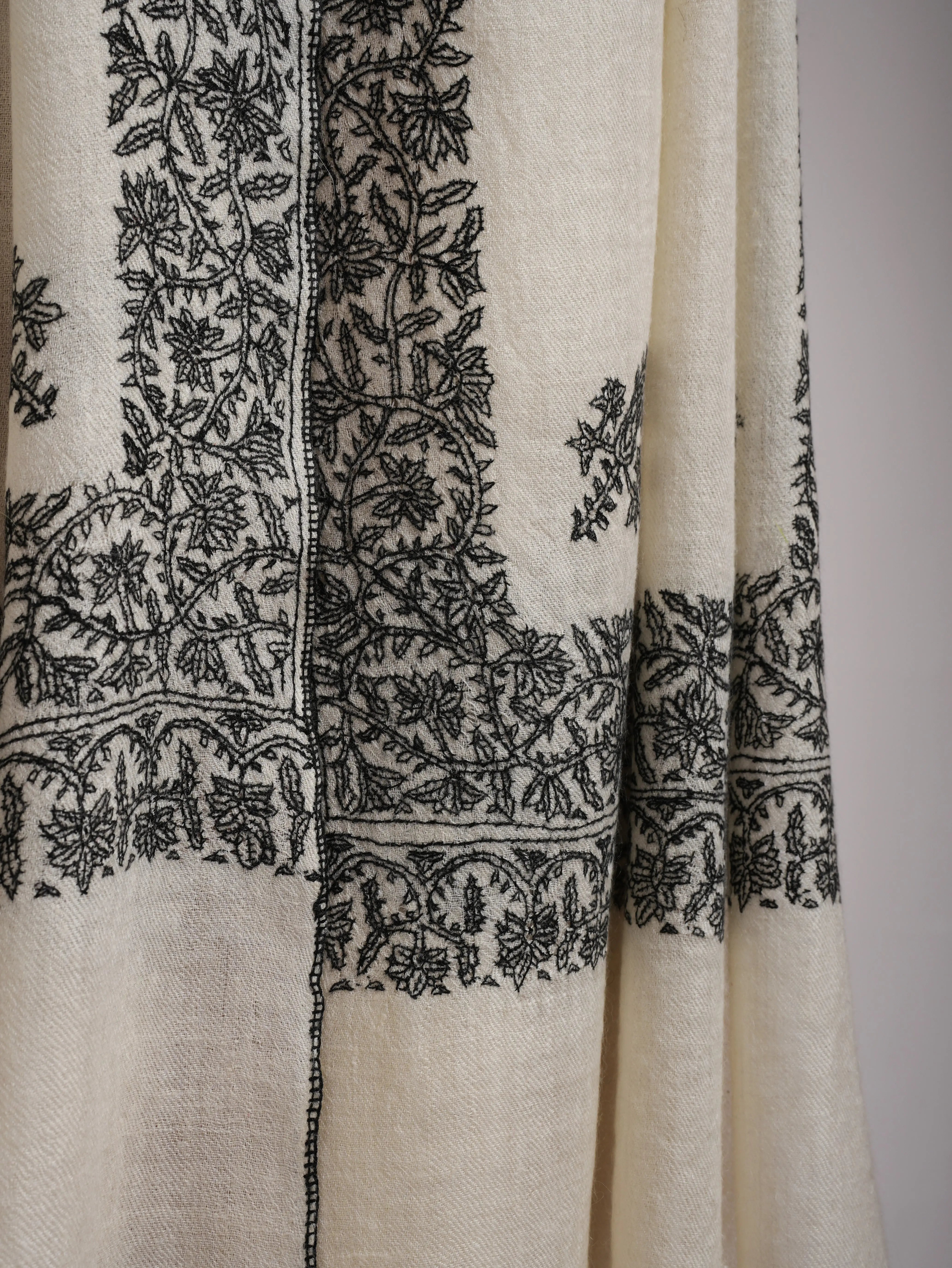 Ivory Cashmere Scarf in Black Sozni Embroidery Shahkaar