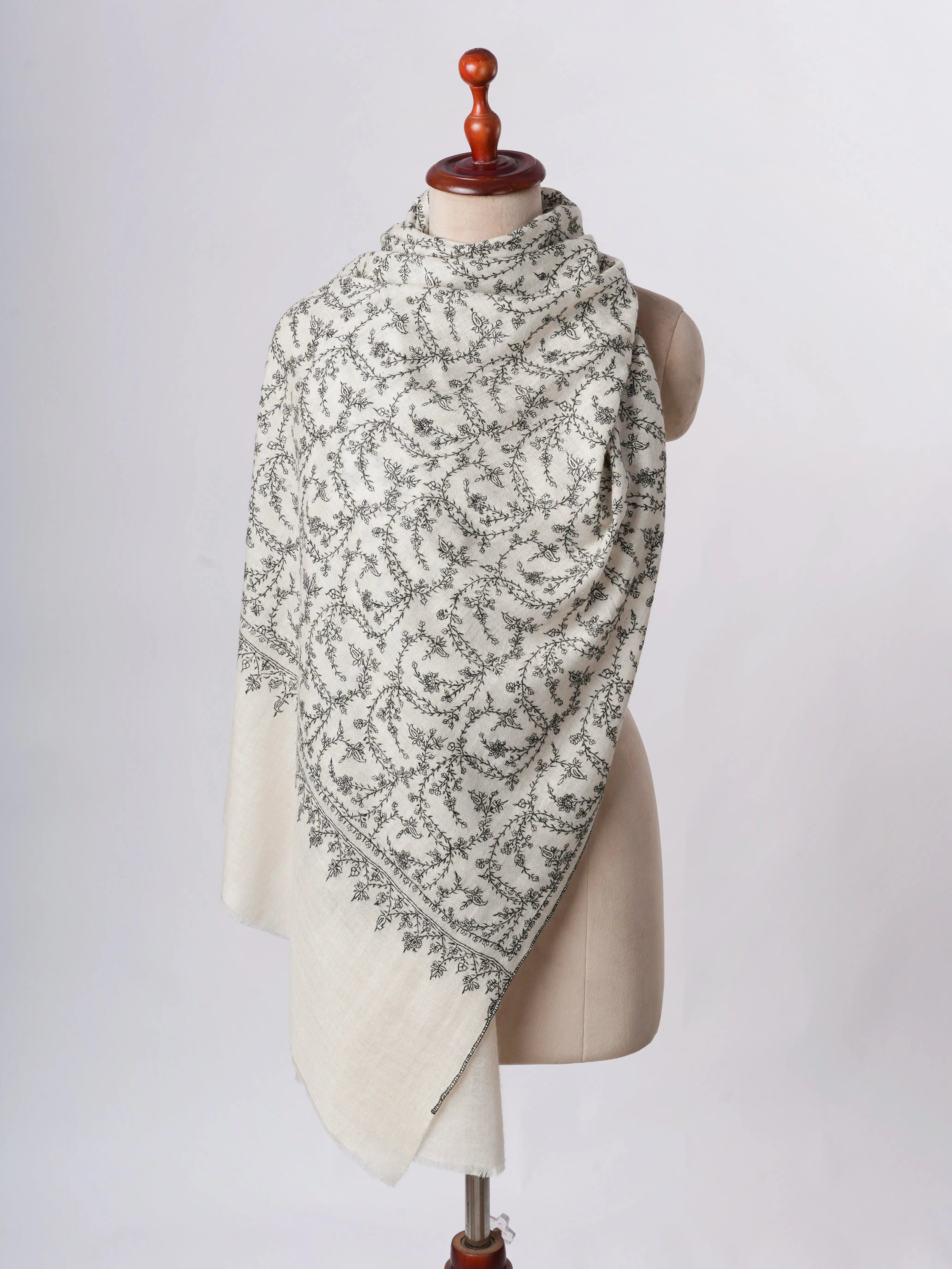 Ivory Cashmere Scarf with Black White Needle Embroidery – Authentic Kashmiri Textile Shahkaar