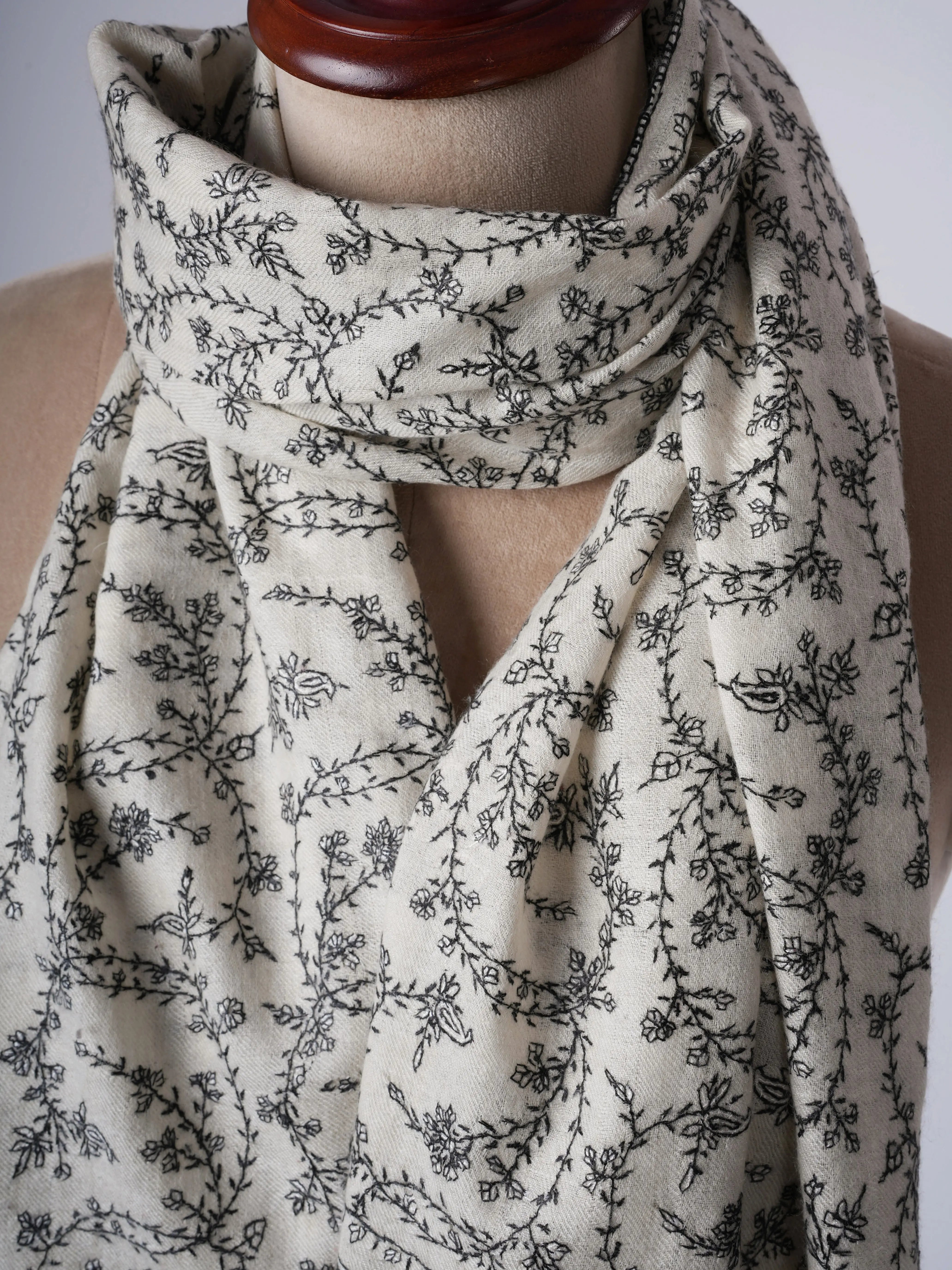 Ivory Cashmere Scarf with Black White Needle Embroidery – Authentic Kashmiri Textile Shahkaar
