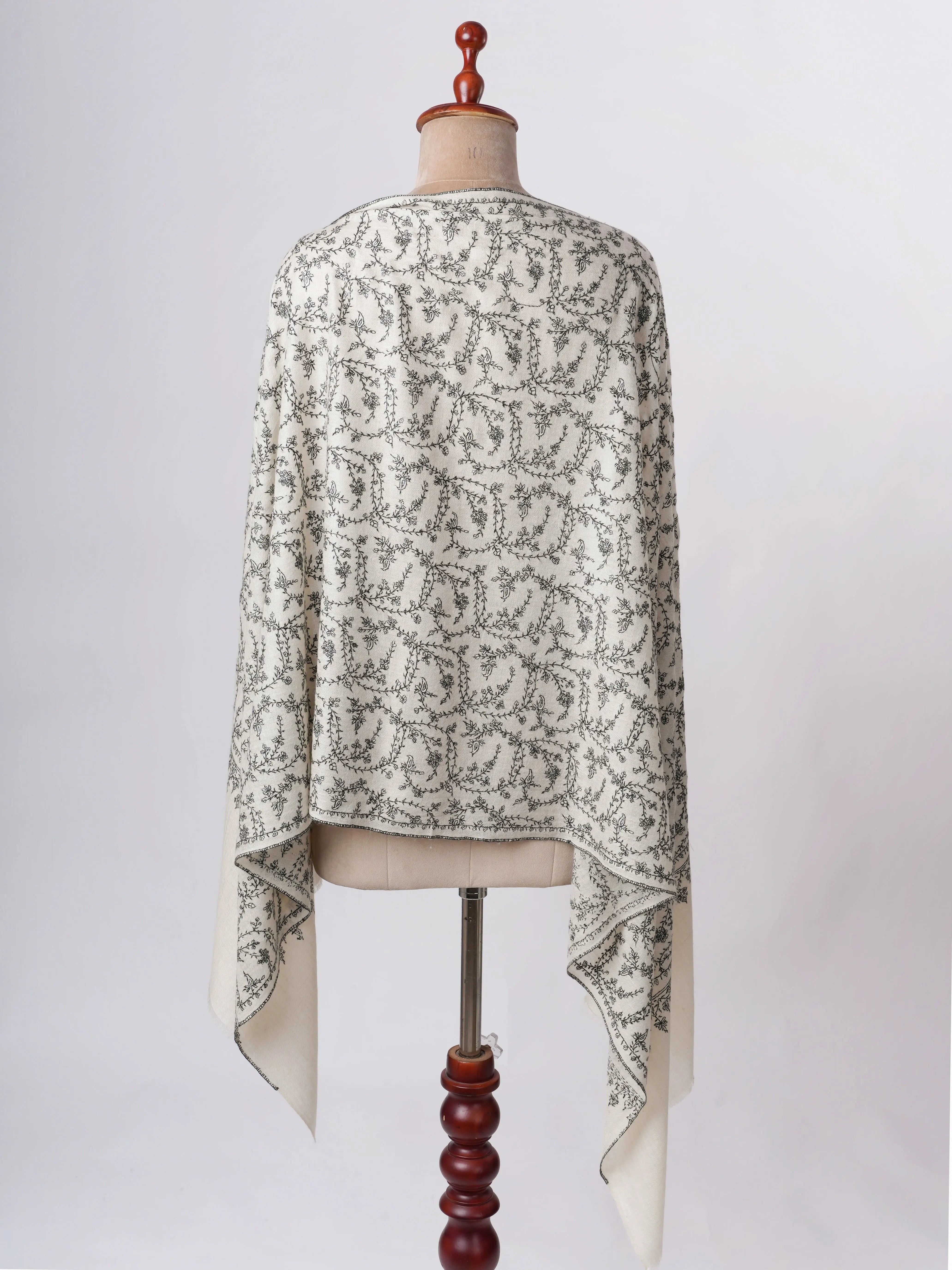Ivory Cashmere Scarf with Black White Needle Embroidery – Authentic Kashmiri Textile Shahkaar
