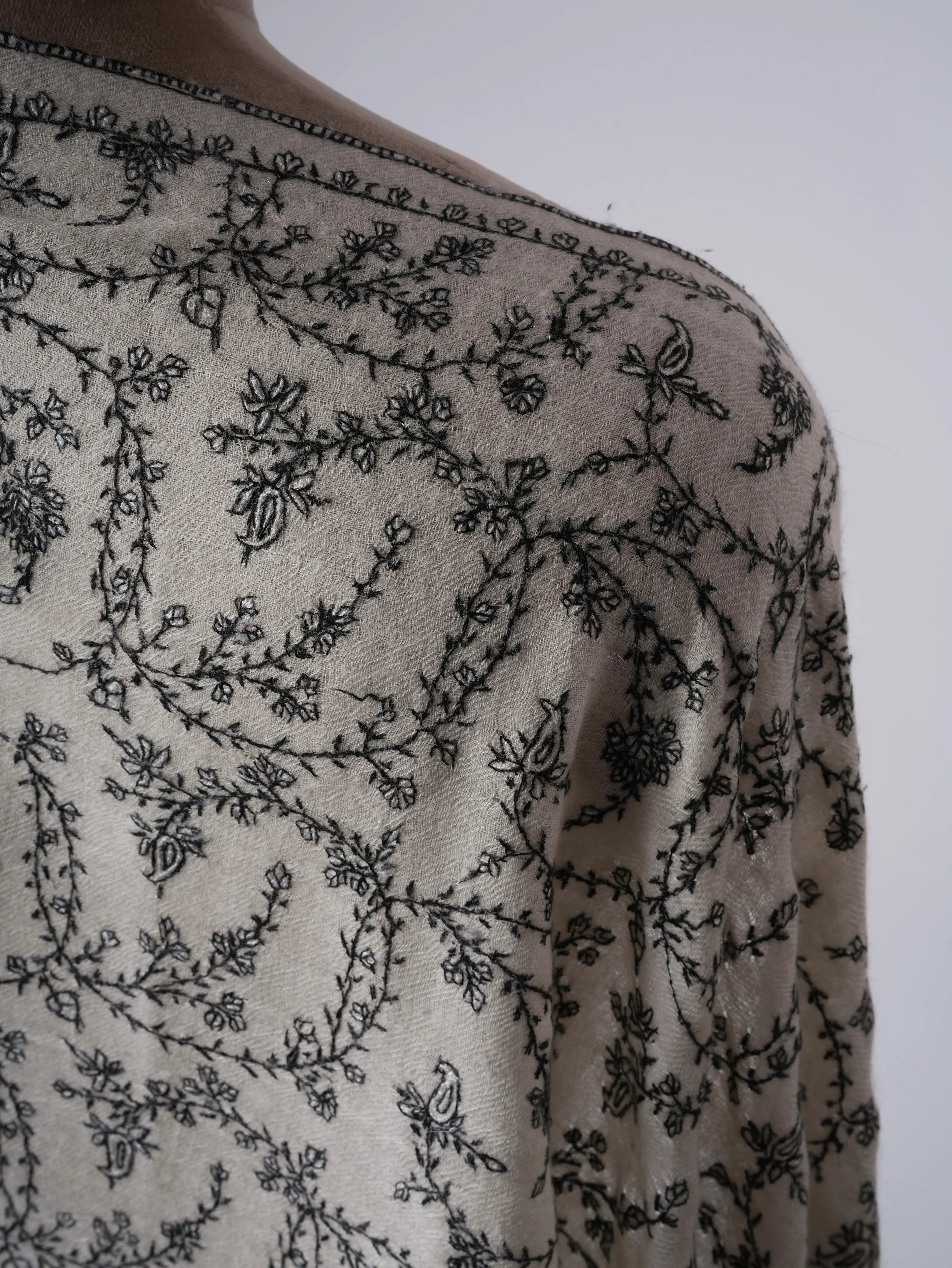 Ivory Cashmere Scarf with Black White Needle Embroidery – Authentic Kashmiri Textile Shahkaar