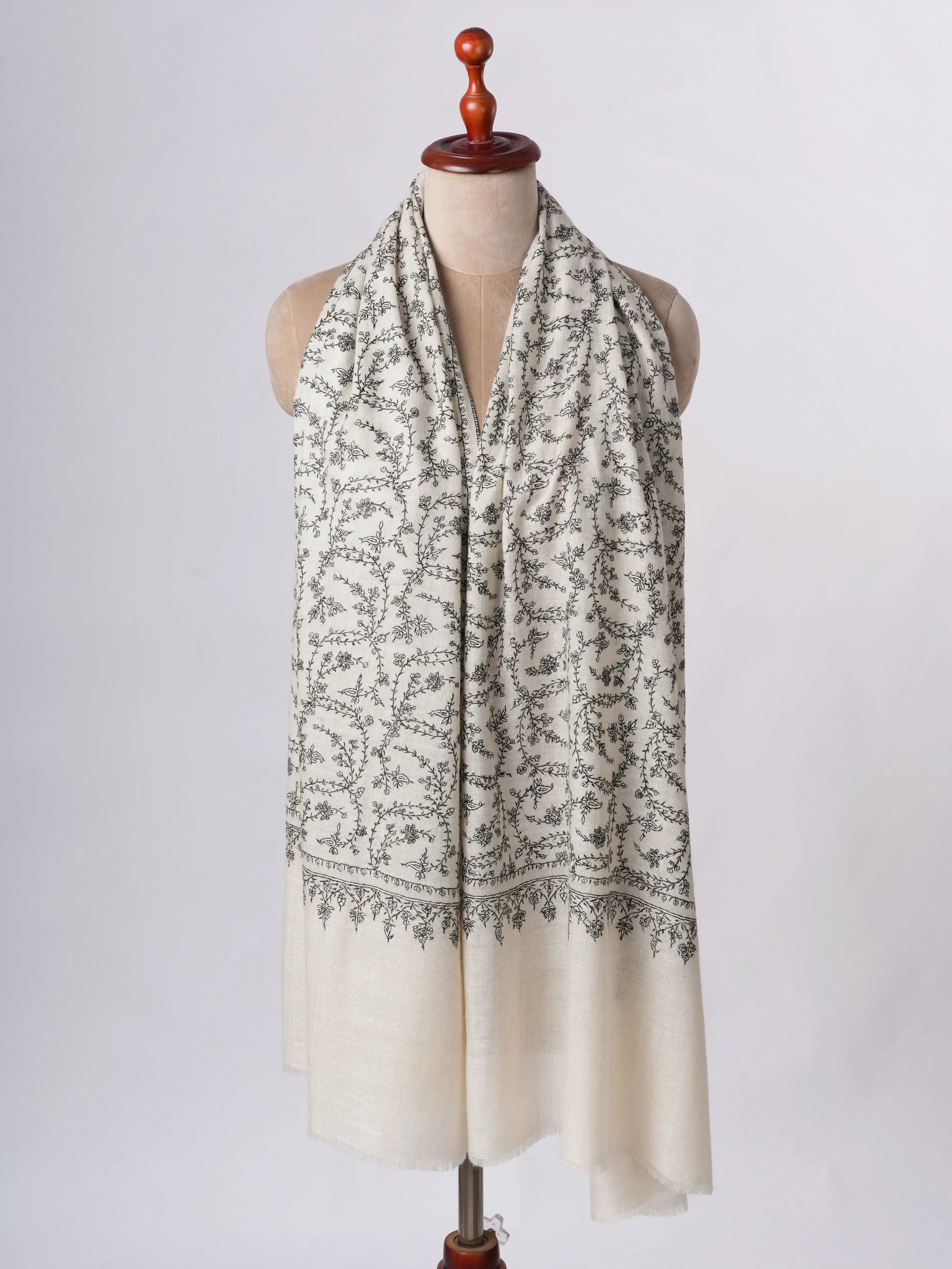 Ivory Cashmere Scarf with Black White Needle Embroidery – Authentic Kashmiri Textile Shahkaar