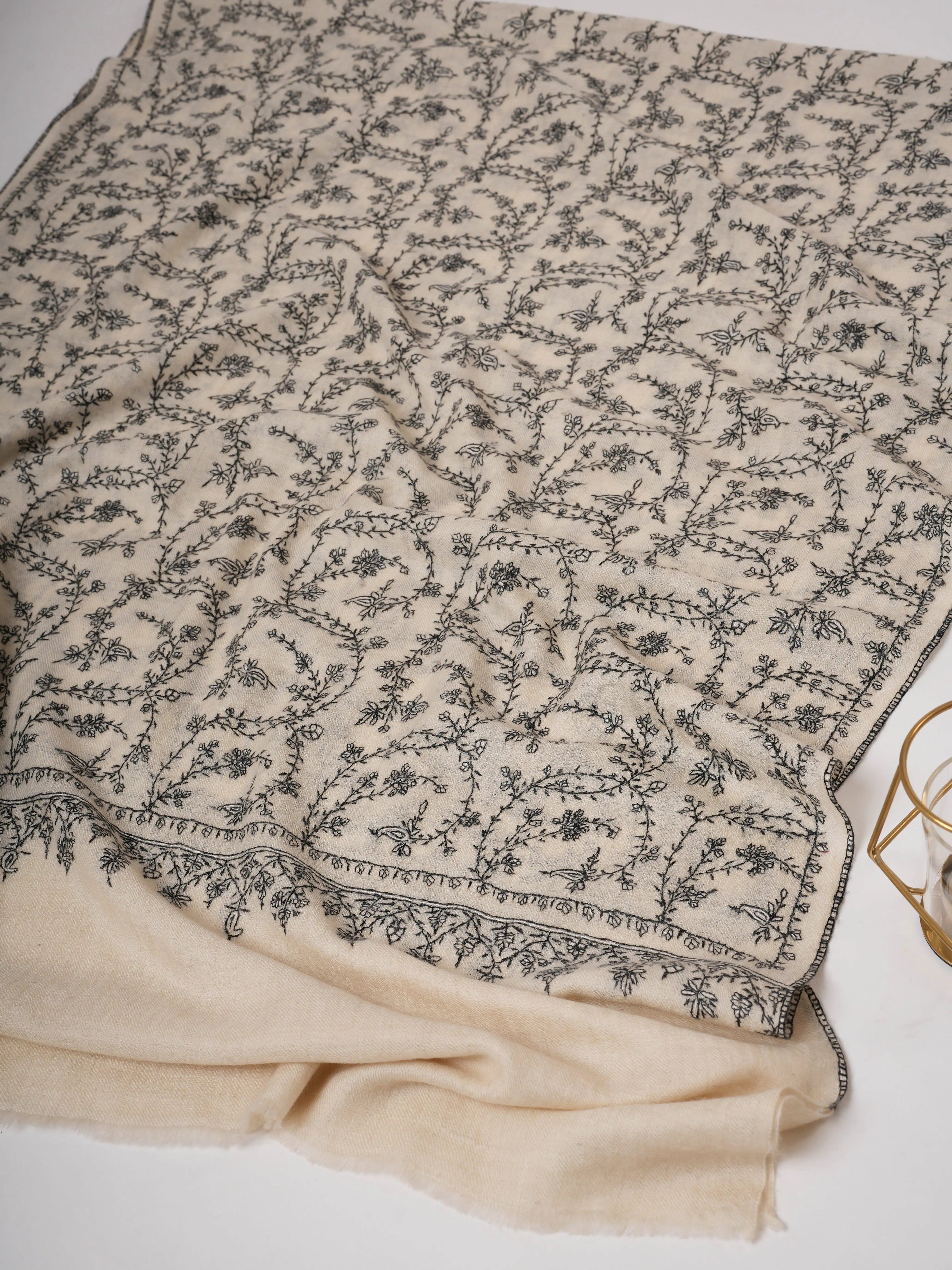 Ivory Cashmere Scarf with Black White Needle Embroidery – Authentic Kashmiri Textile Shahkaar