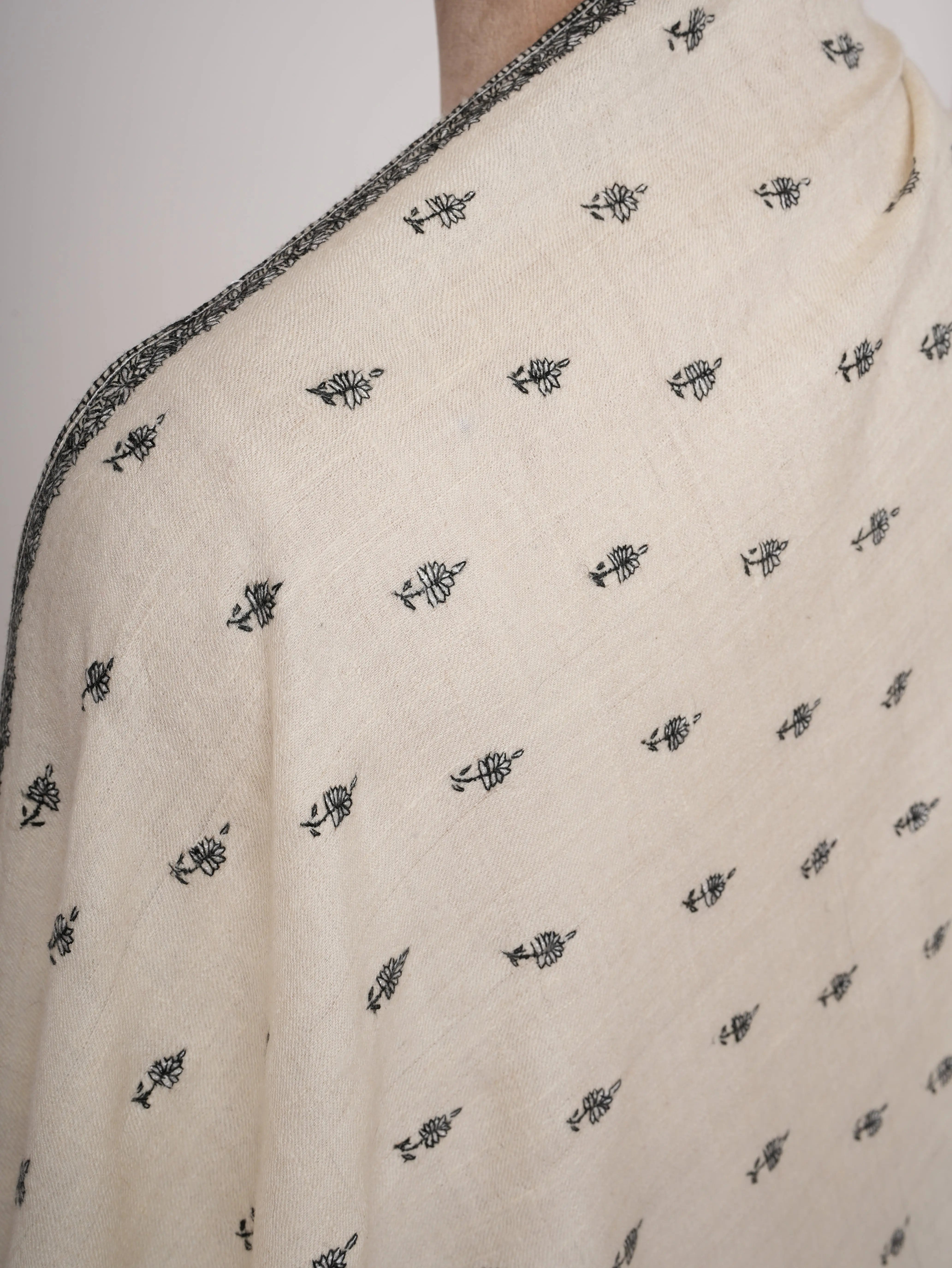 Ivory Cashmere Scarf with Black & White Buti Sozni Embroidery Shahkaar