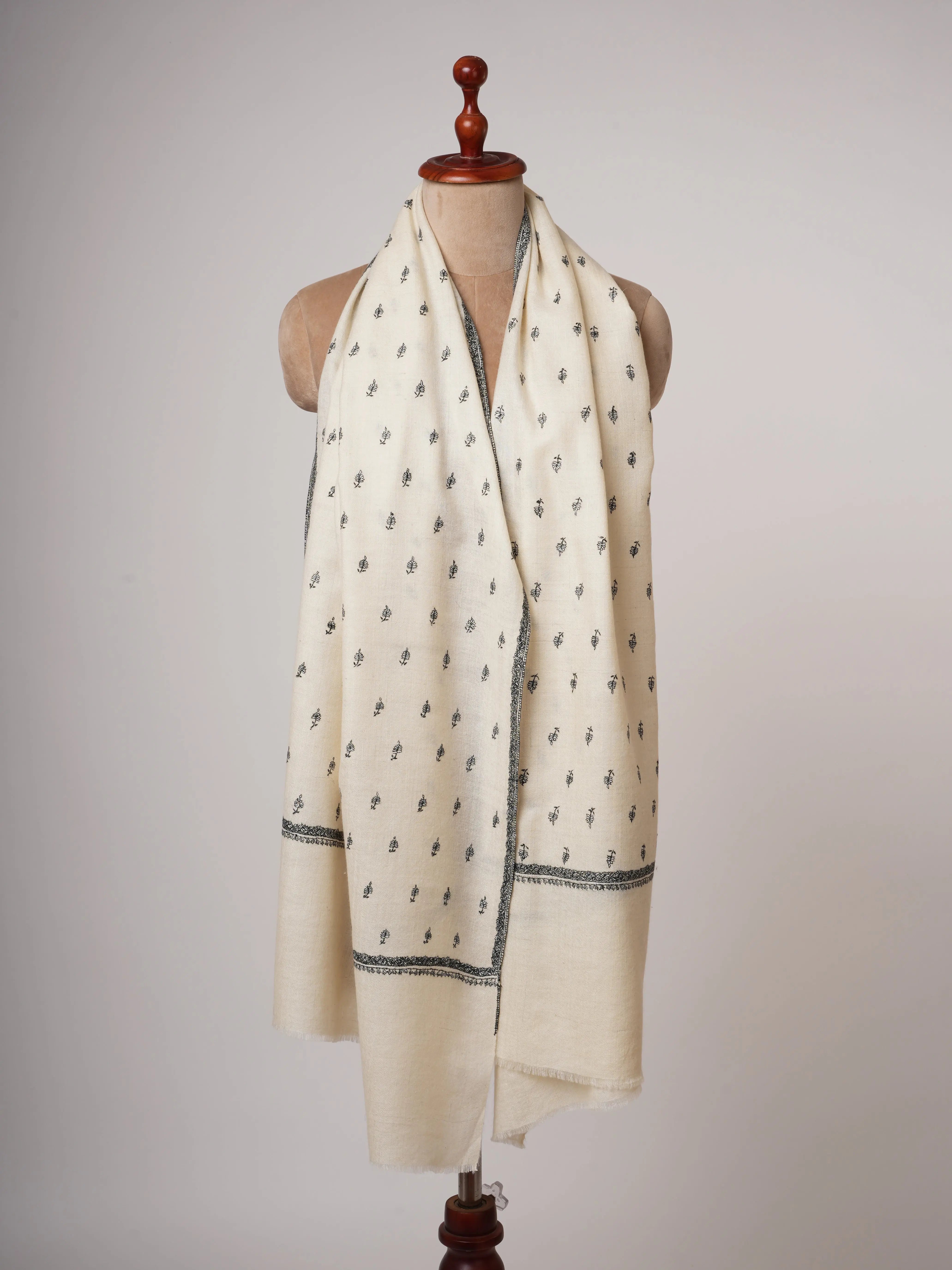 Ivory Cashmere Scarf with Black & White Buti Sozni Embroidery Shahkaar