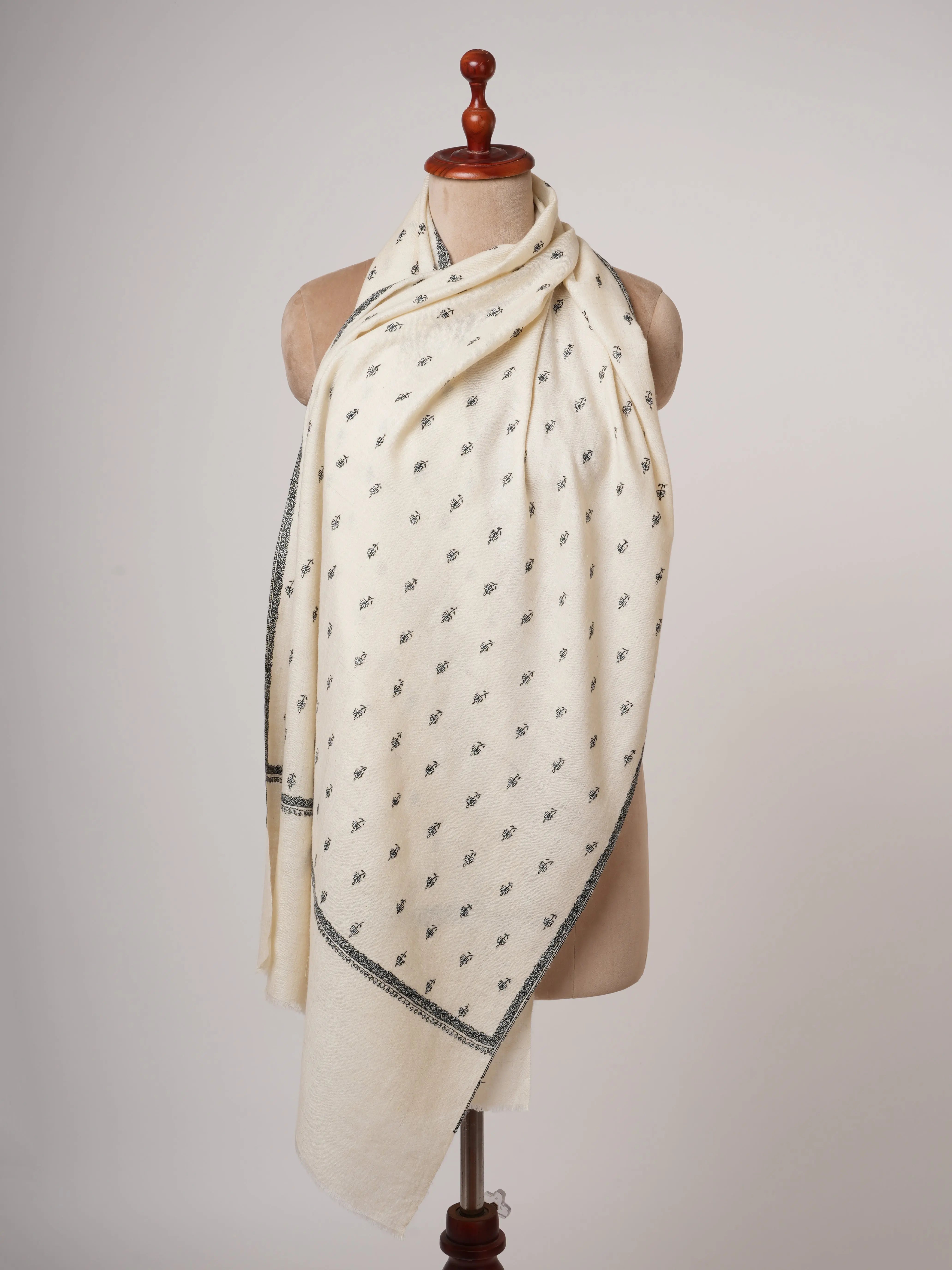 Ivory Cashmere Scarf with Black & White Buti Sozni Embroidery Shahkaar
