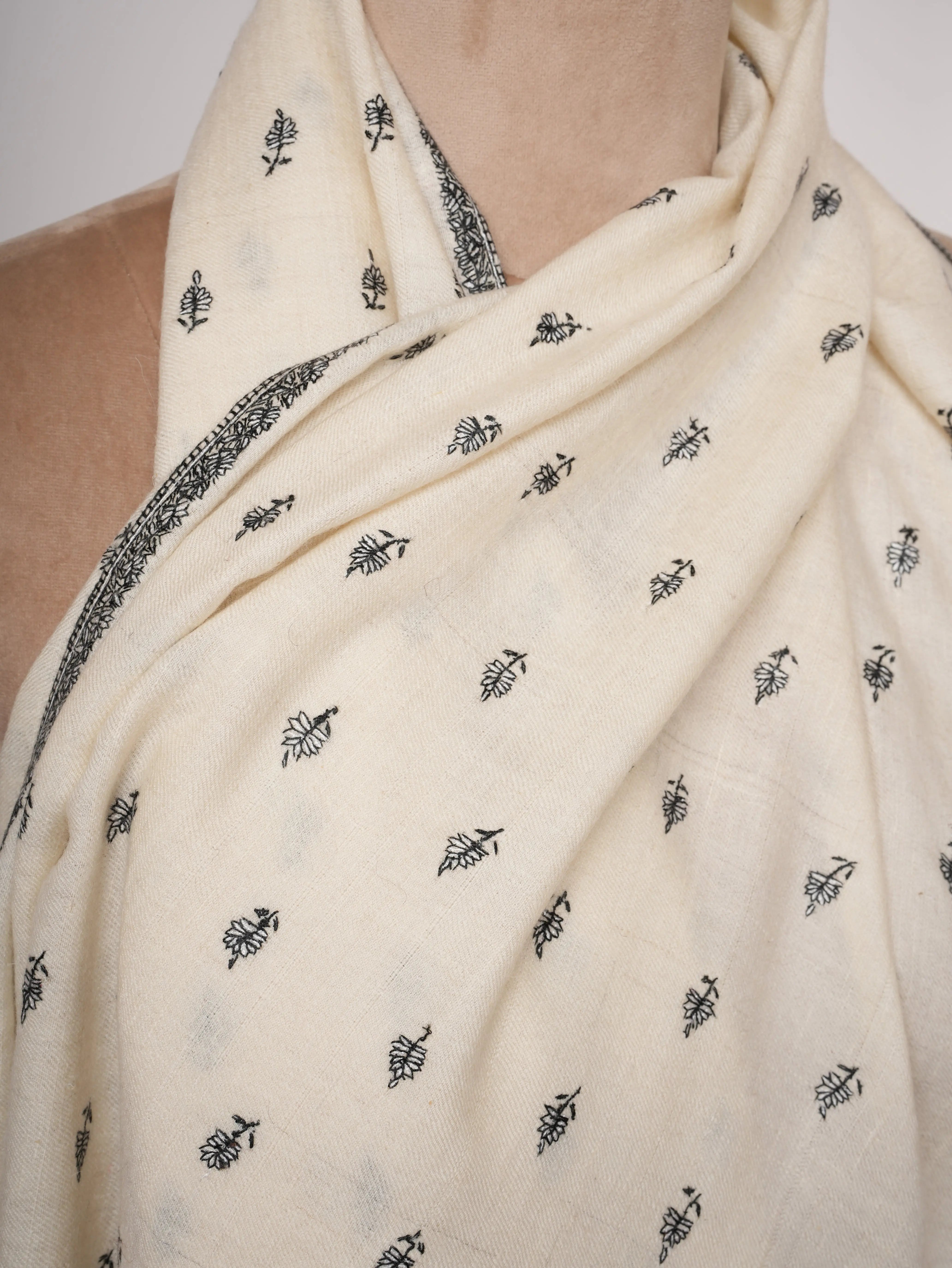 Ivory Cashmere Scarf with Black & White Buti Sozni Embroidery Shahkaar