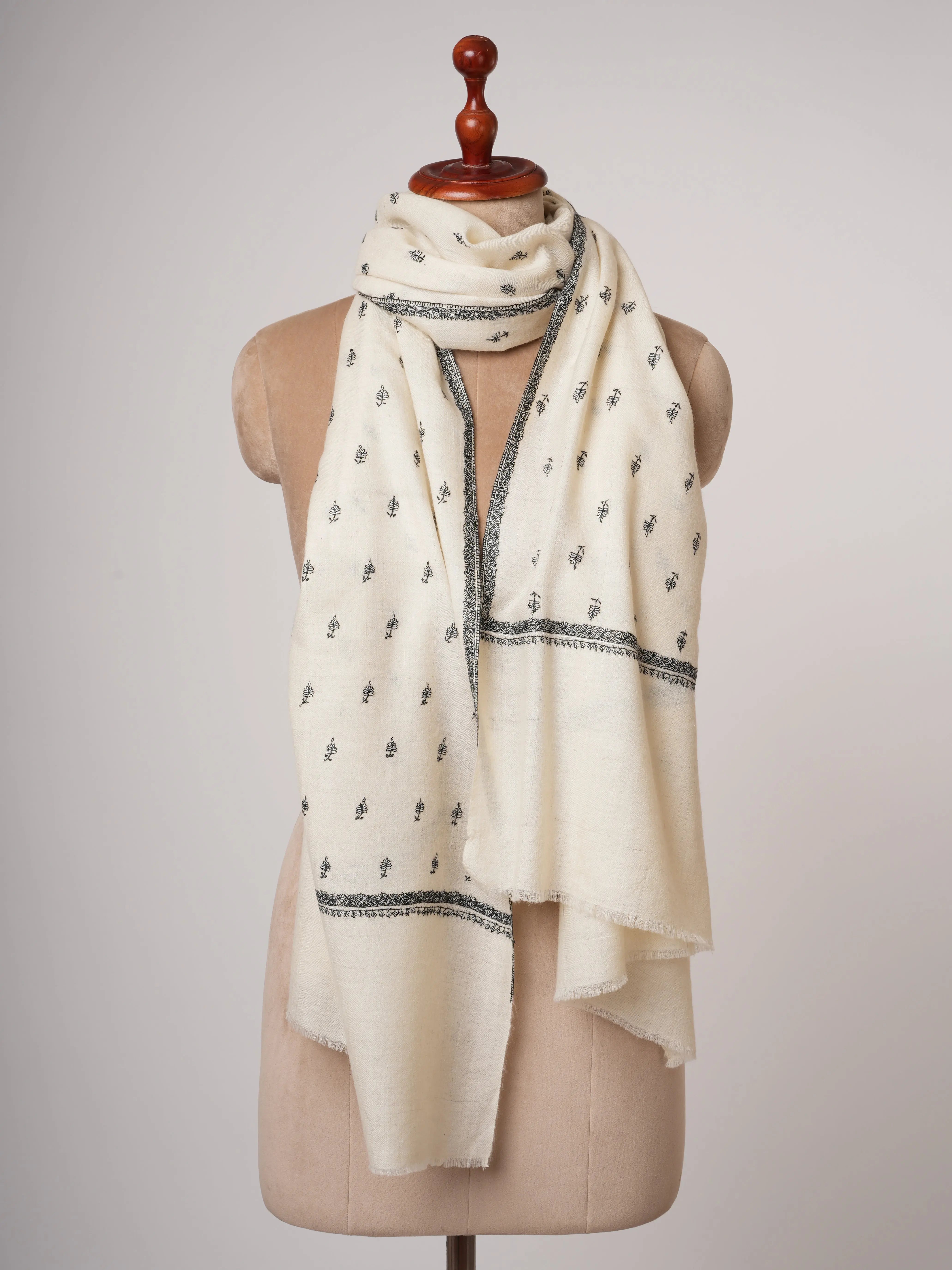 Ivory Cashmere Scarf with Black & White Buti Sozni Embroidery Shahkaar