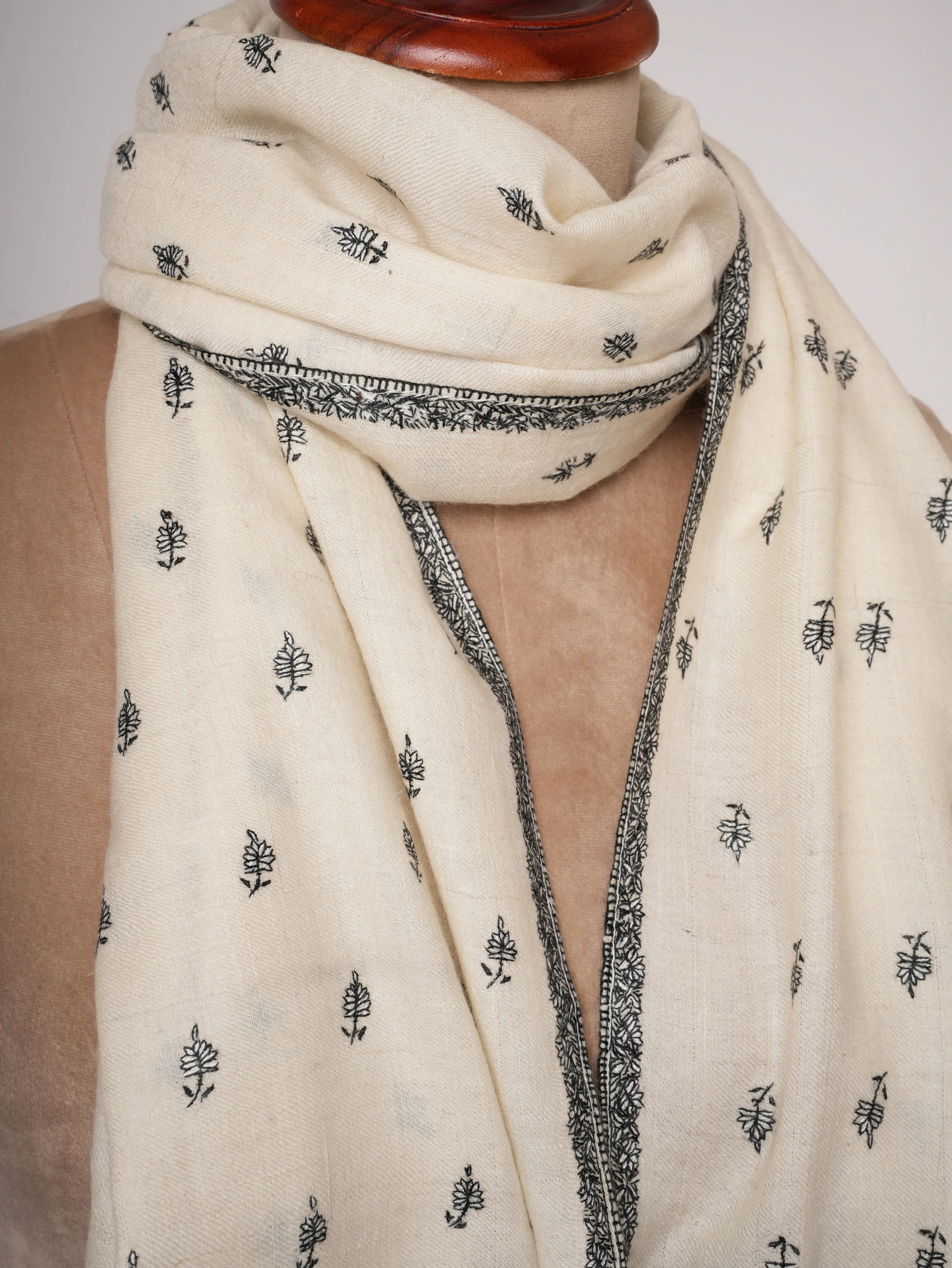 Ivory Cashmere Scarf with Black & White Buti Sozni Embroidery Shahkaar