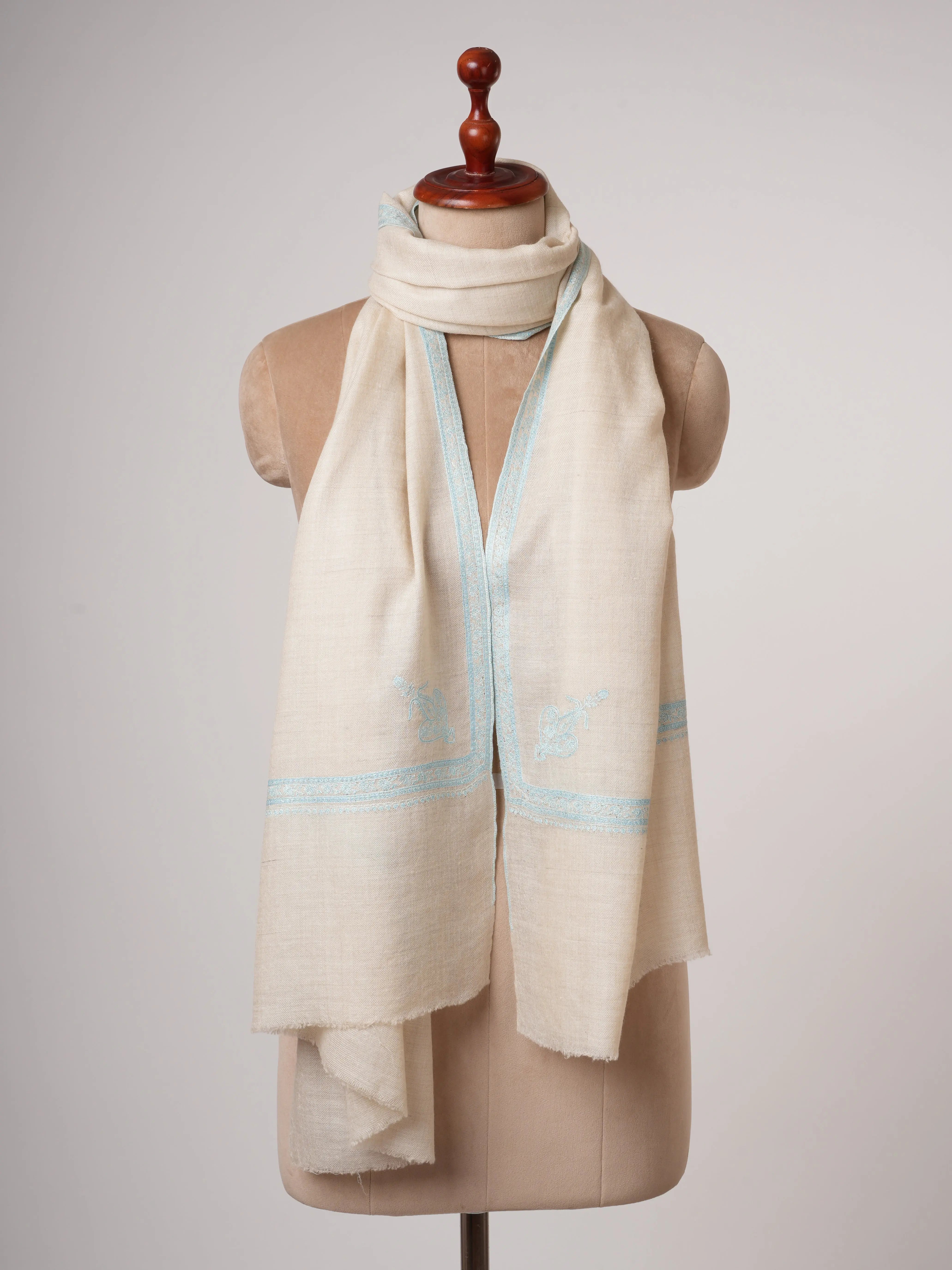 Ivory Cashmere Scarf with Hand Embroidered Hashia Border Shahkaar