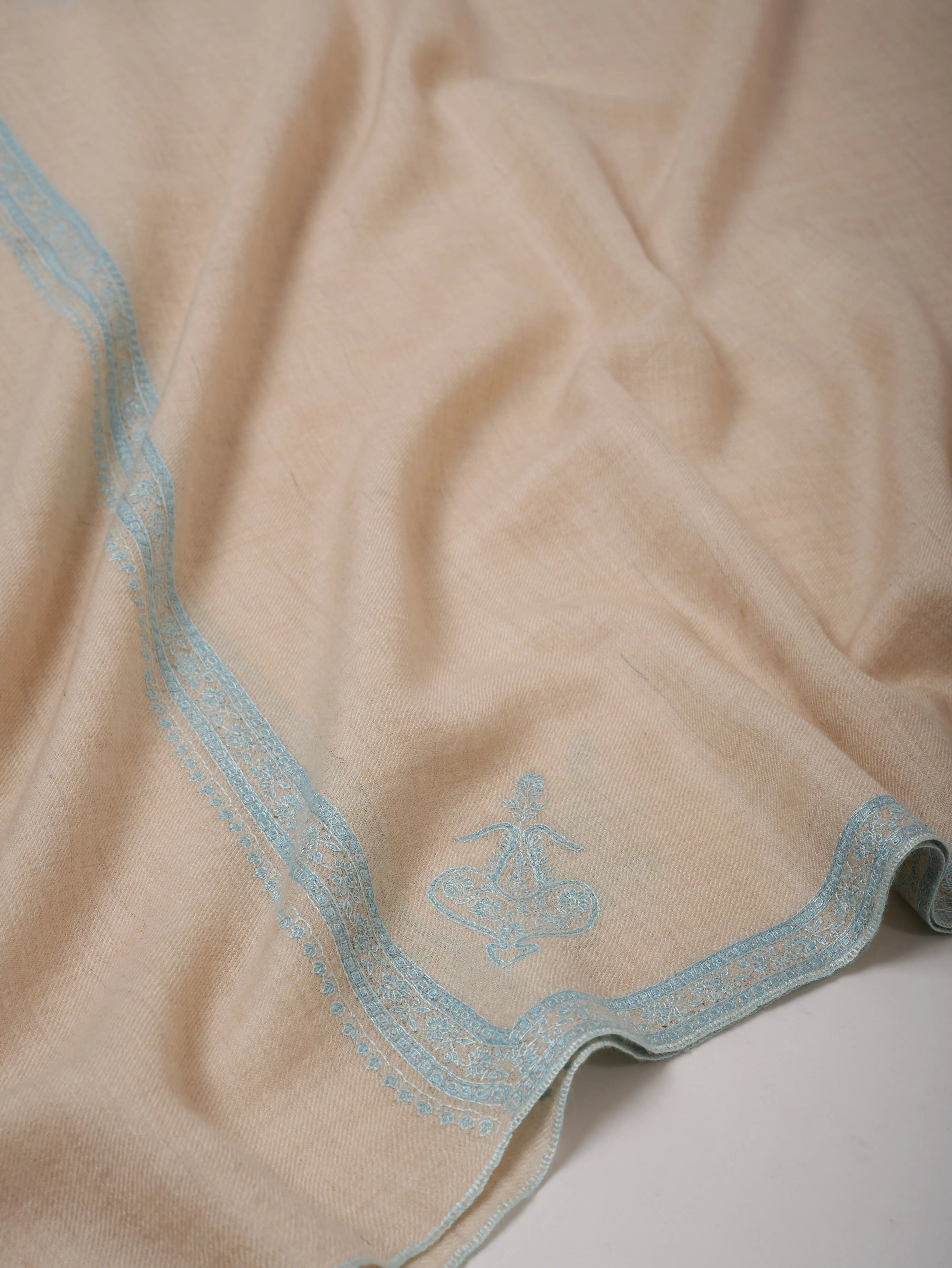Ivory Cashmere Scarf with Hand Embroidered Hashia Border Shahkaar