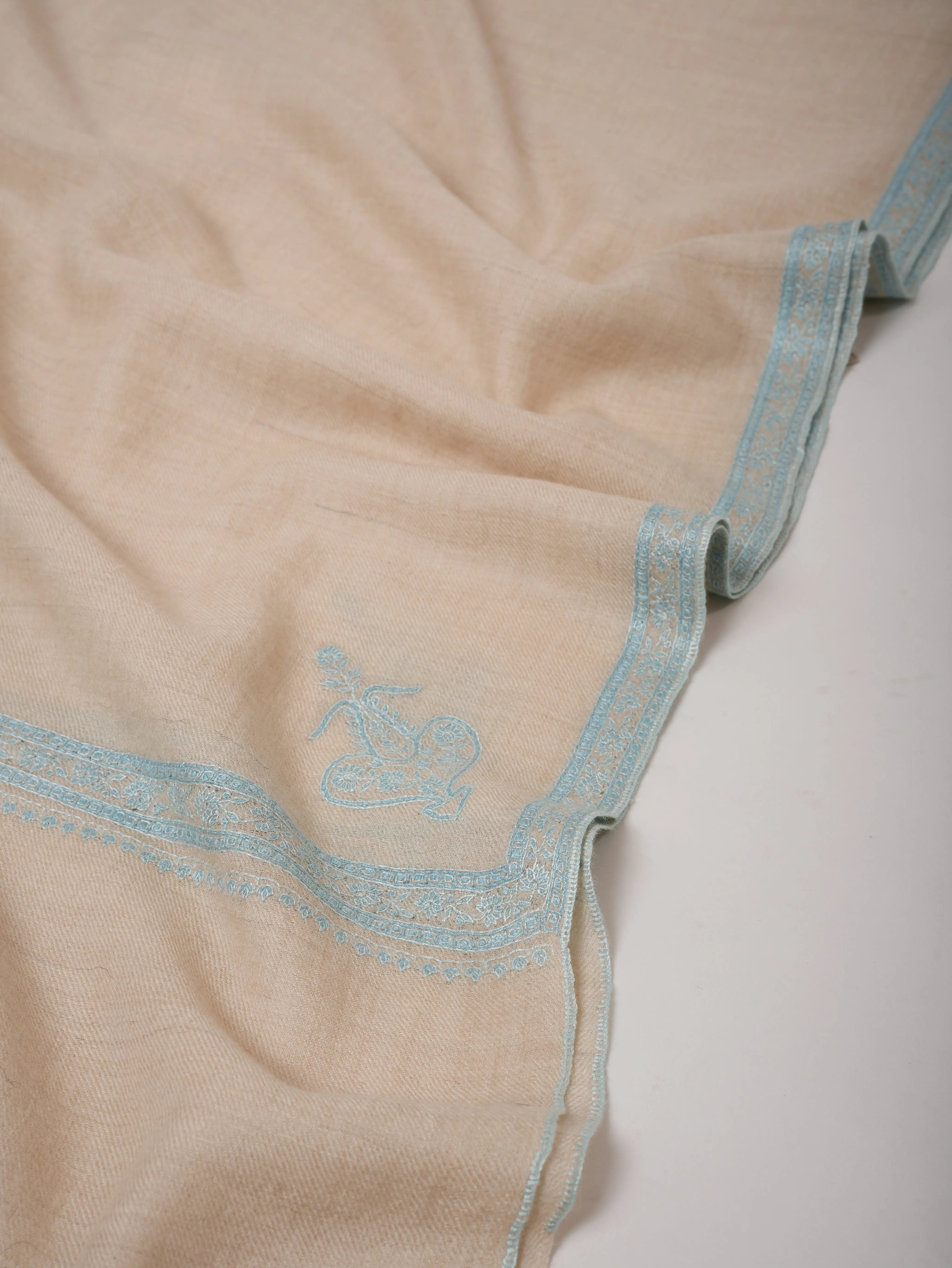 Ivory Cashmere Scarf with Hand Embroidered Hashia Border Shahkaar