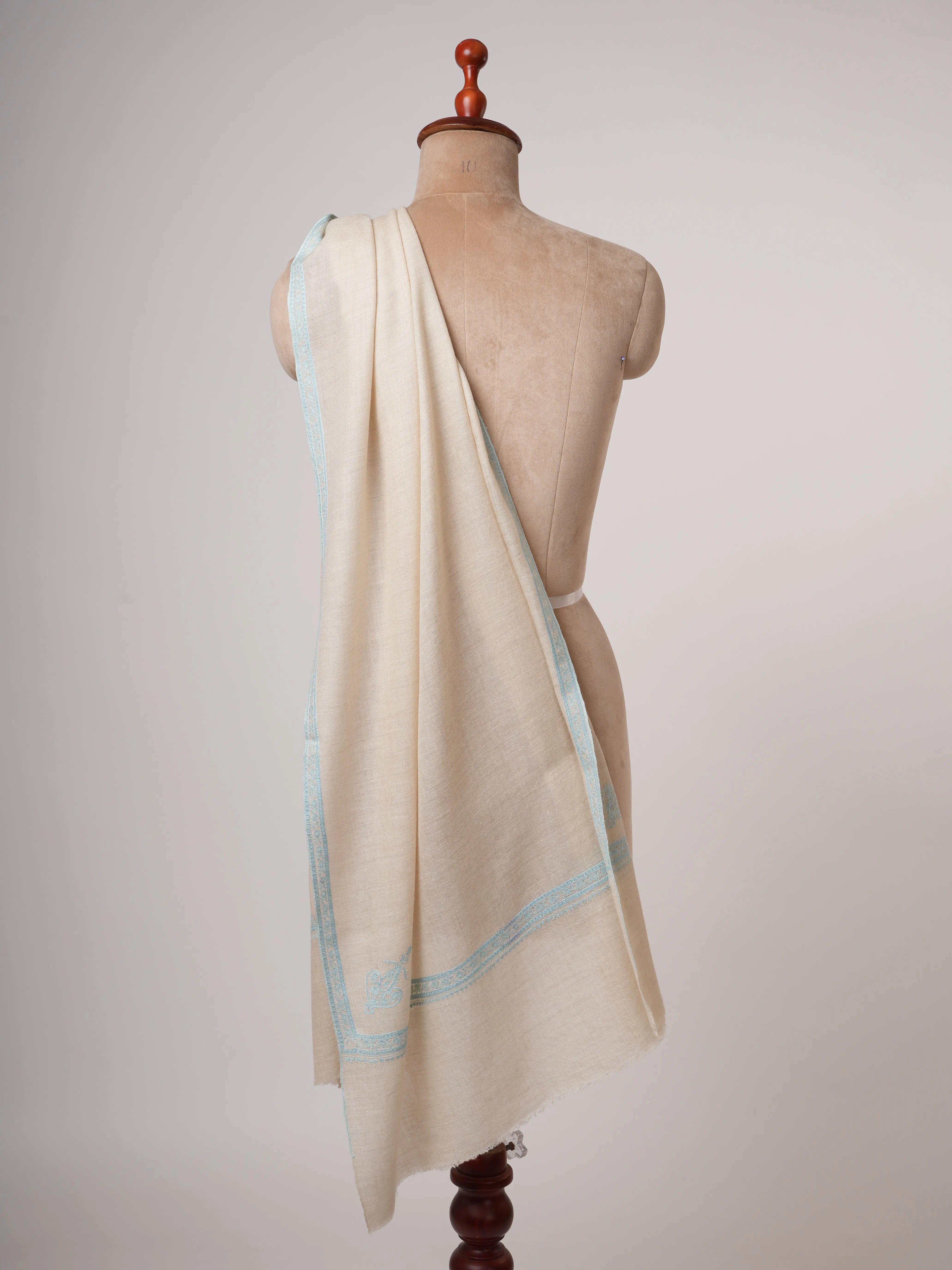 Ivory Cashmere Scarf with Hand Embroidered Hashia Border Shahkaar